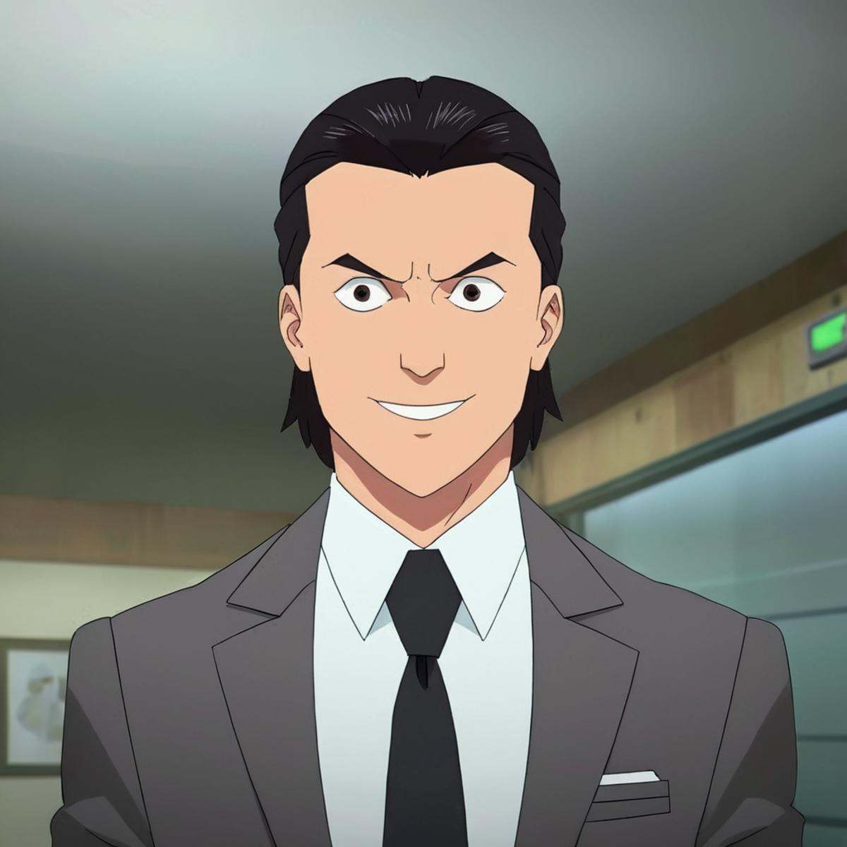 anime artwork of detailed perfect D.A. Sinclair a man in a suit and tie standing in a room,  villain1,  solo on Tensor.Art
