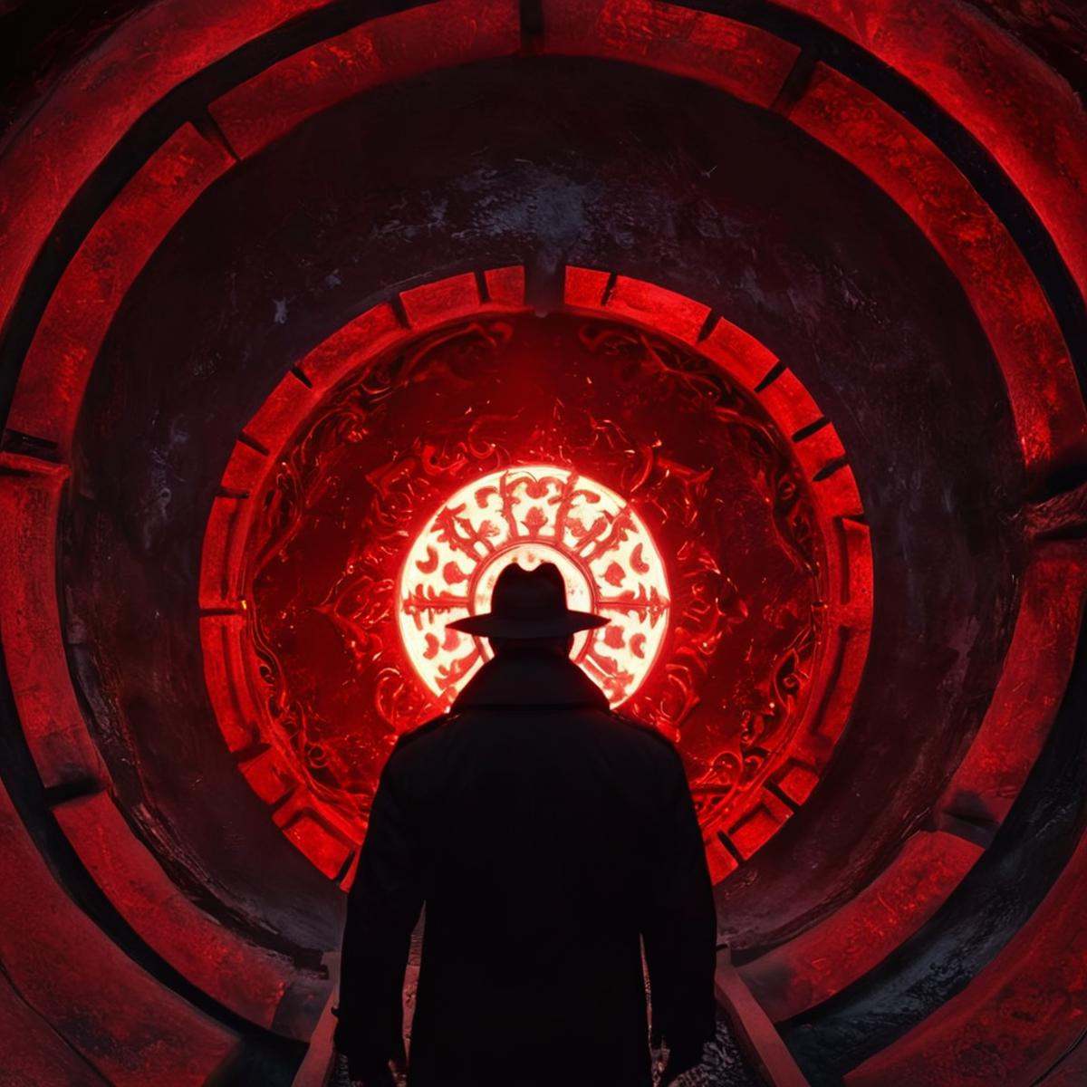 cinematic film still of detailed perfect From above,  Damien Darkblood a red and black picture of a demon sucked into a re...