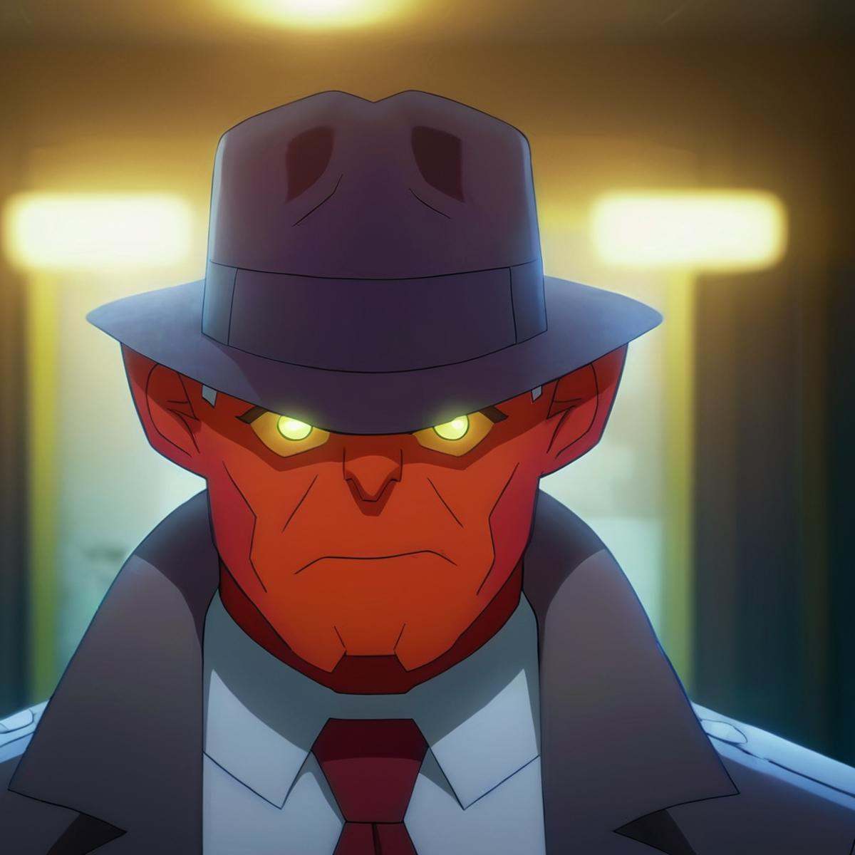 cinematic film still of detailed perfect Damien Darkblood a cartoon man with a hat and a tie,  red demon,  private investi...