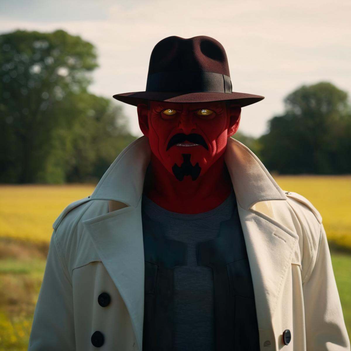 cinematic film still of detailed perfect Damien Darkblood a demon in a white coat and hat standing in a field,  red demon,...