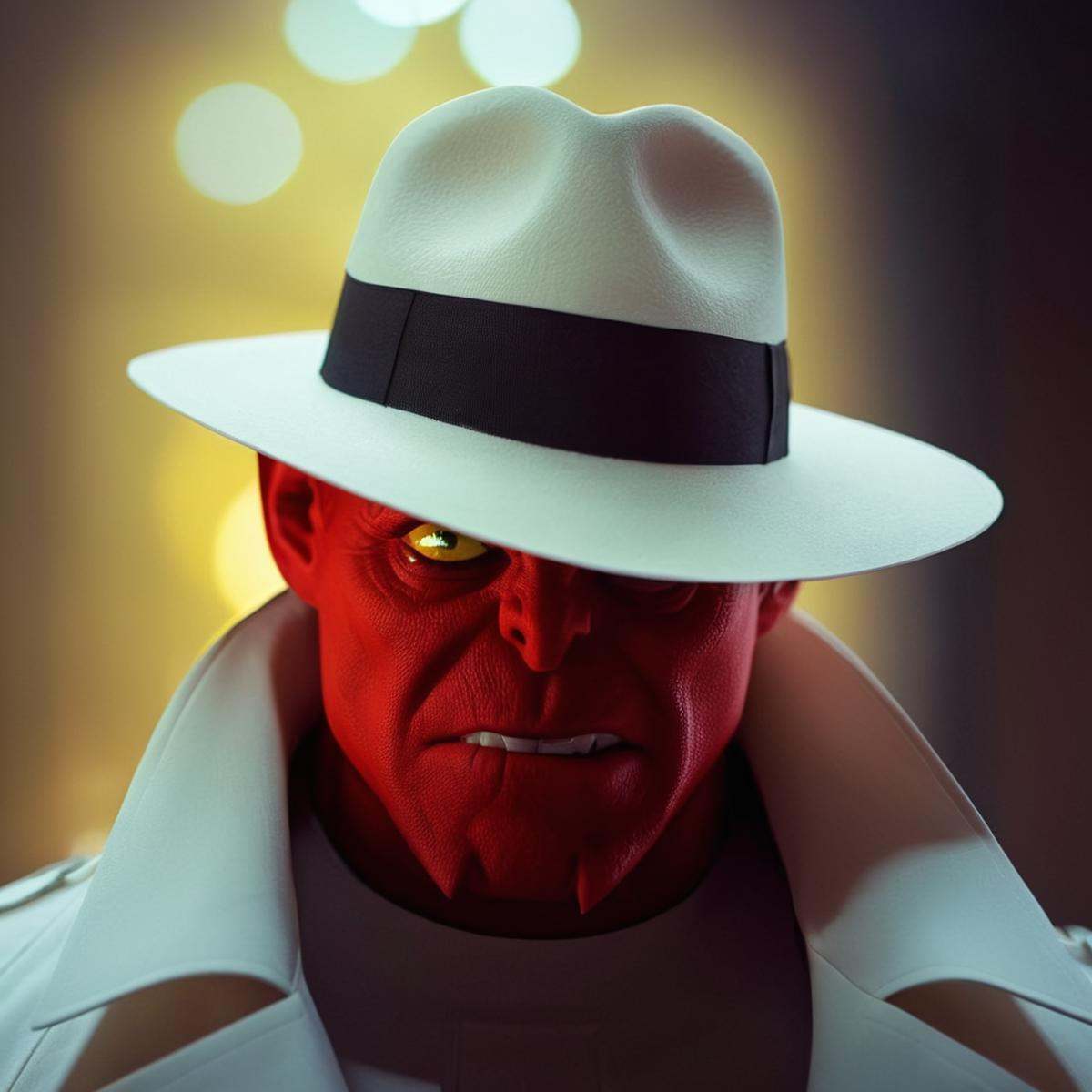 cinematic film still of detailed perfect Damien Darkblood a demon in a hat and a white coat,  red demon,  private investig...
