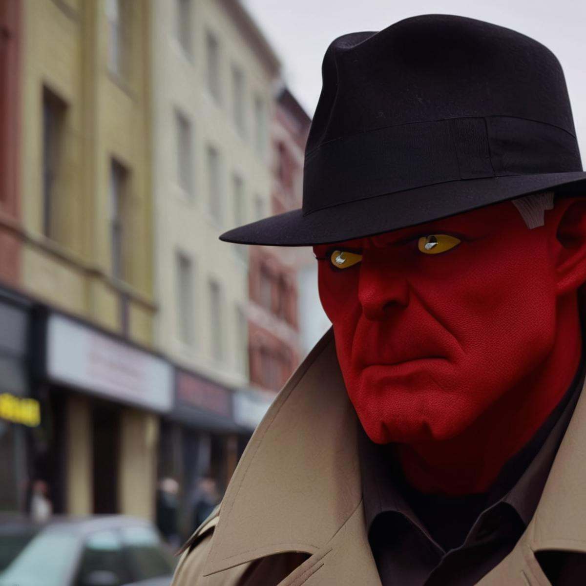 cinematic film still of detailed perfect Damien Darkblood a man in a hat and trench coat,  red demon,  private investigato...