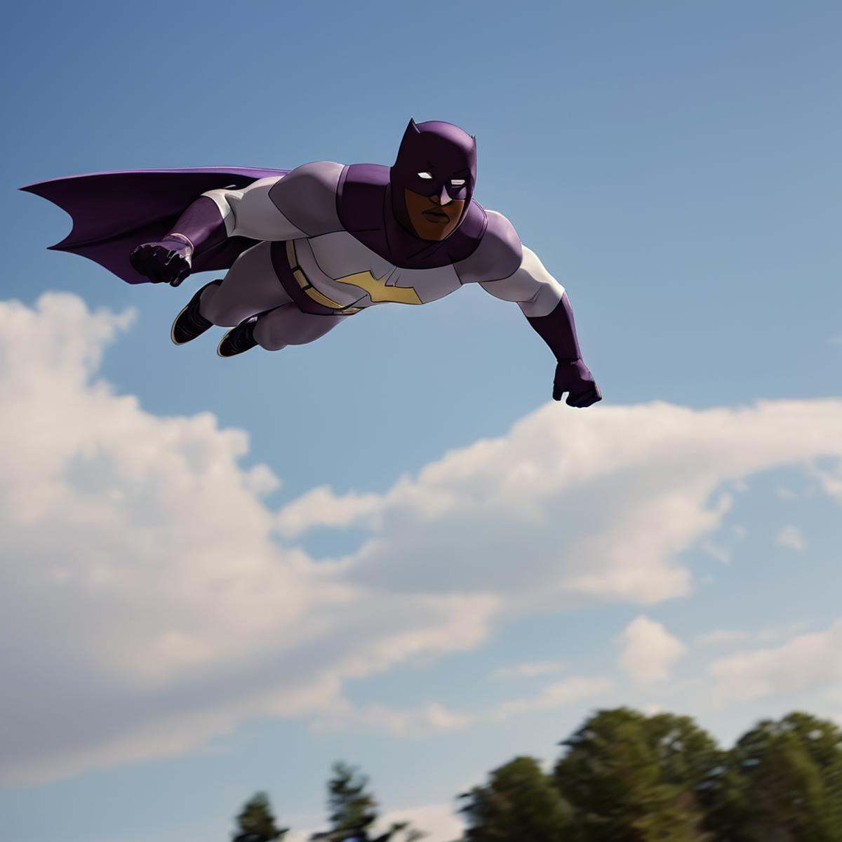 cinematic film still of detailed perfect Darkwing a superhero flying through the air on a flying black superhero skateboar...