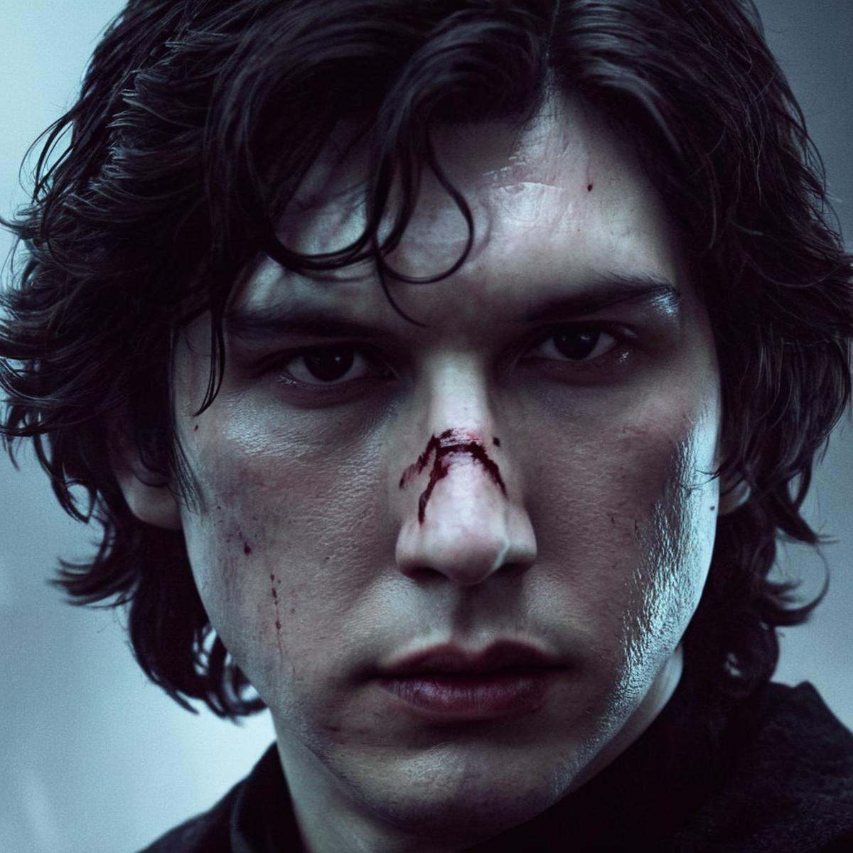 Dark Fantasy Art of Ben Solo a man with a bloody face scar mark in star wars universe ,  dark,  moody on Tensor.Art