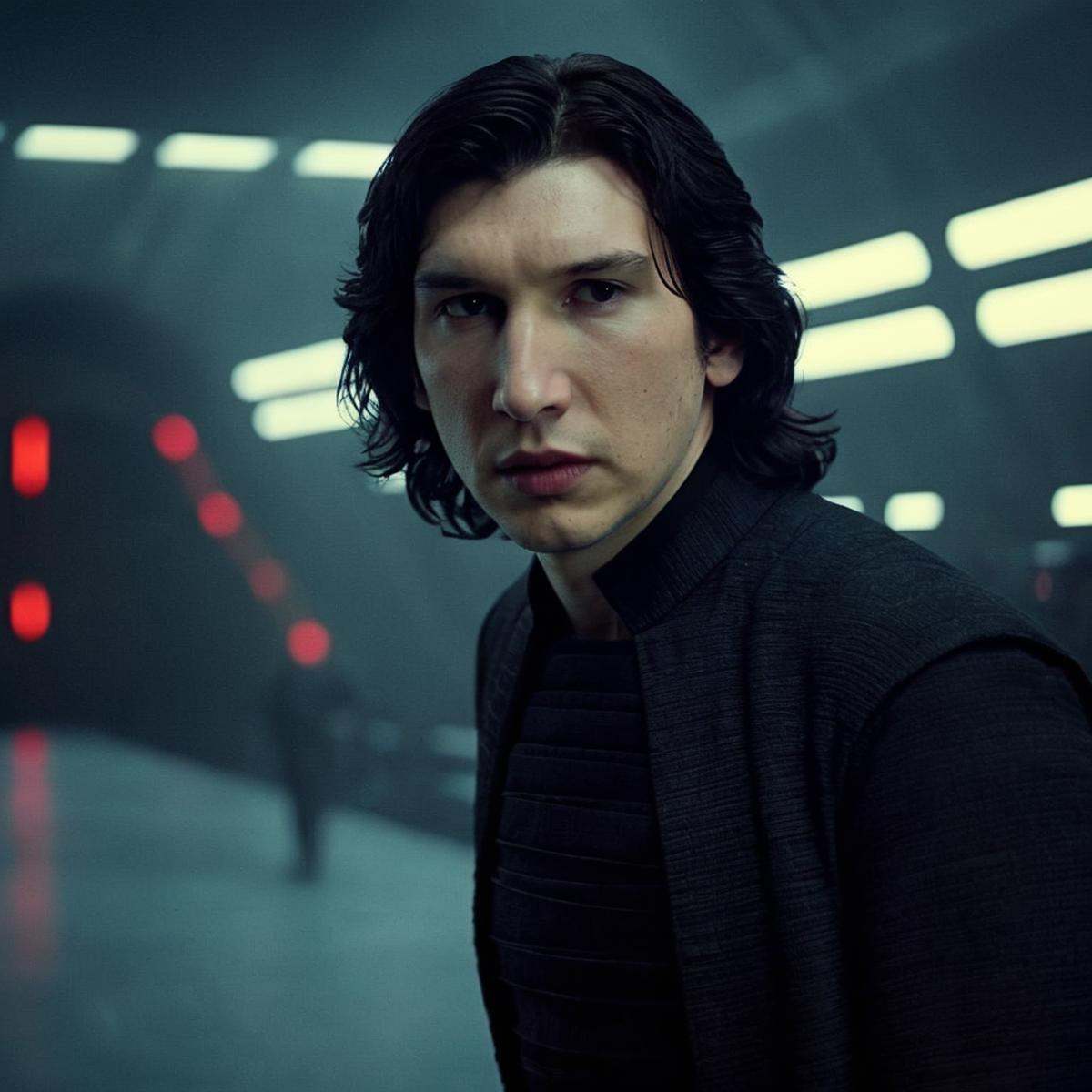 cinematic film still of Ben Solo a man with long hair and a black shirt in star wars universe,  shallow depth of field,  v...