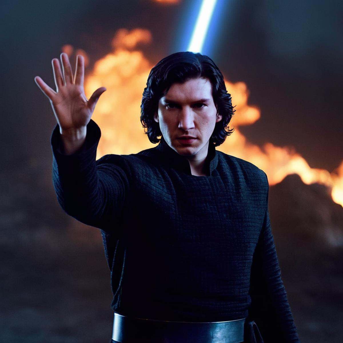 cinematic film still of Ben Solo a man in a black outfit raising his hand with fire in the background in star wars univers...