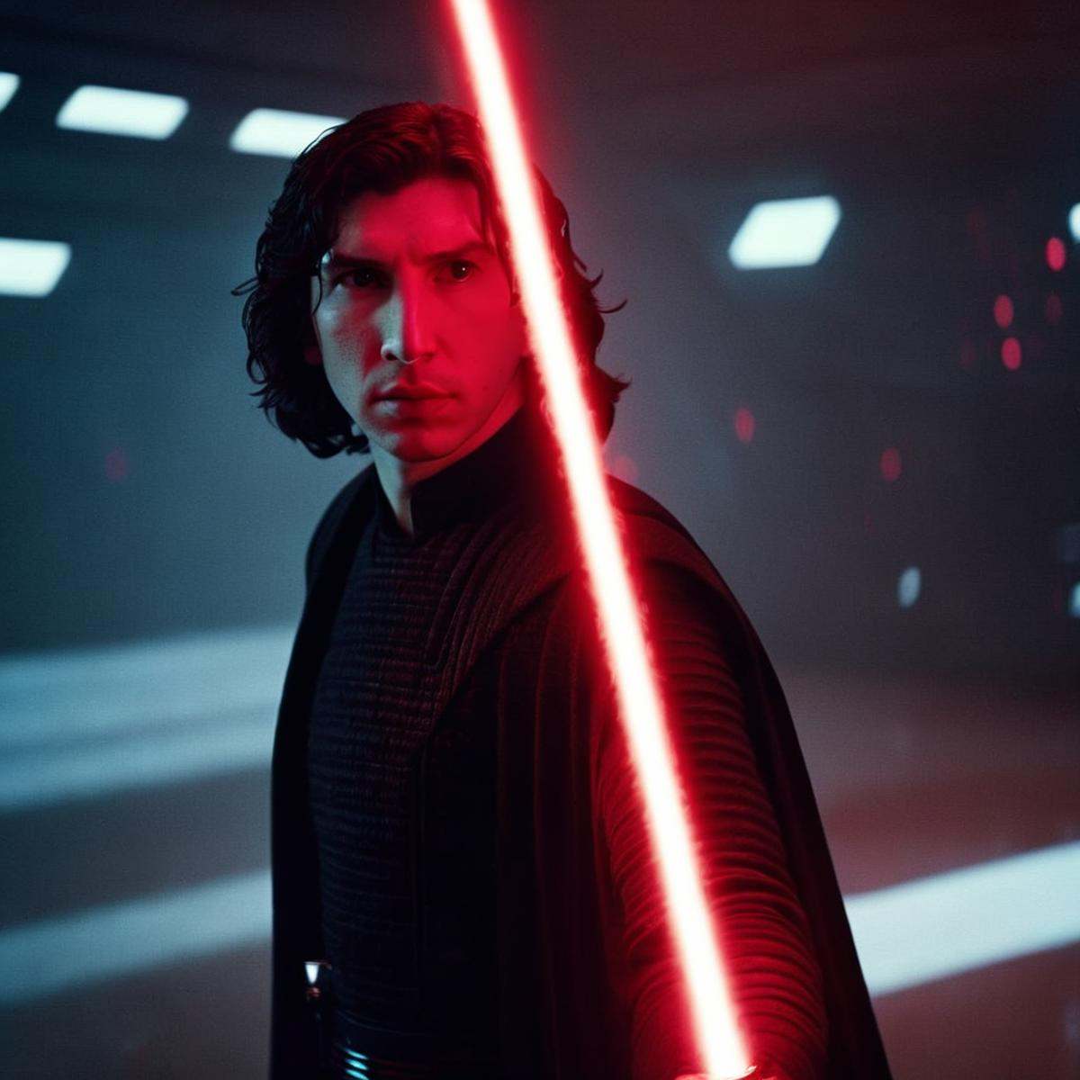 cinematic film still of Ben Solo a man with a red light saber in his hand in star wars universe,  shallow depth of field,...