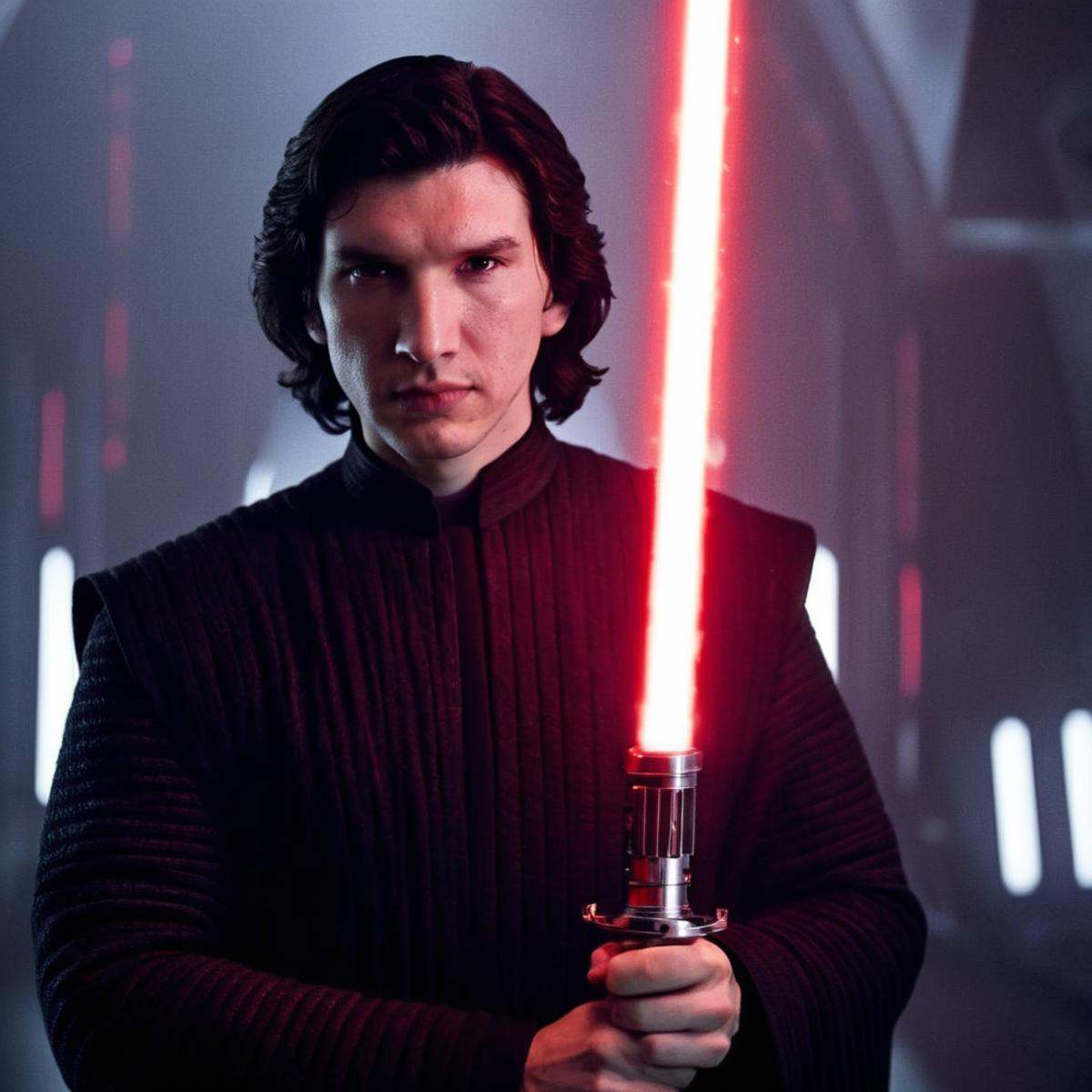 cinematic film still of Ben Solo a man in a star wars outfit holding a red light saber in star wars universe,  shallow dep...