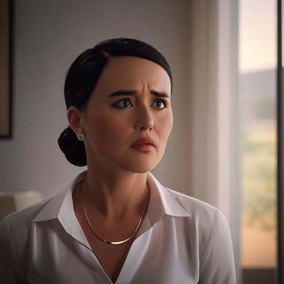 cinematic film still of detailed perfect Deborah Grayson a very tired exhausted depressed woman with a ponytail in a white...