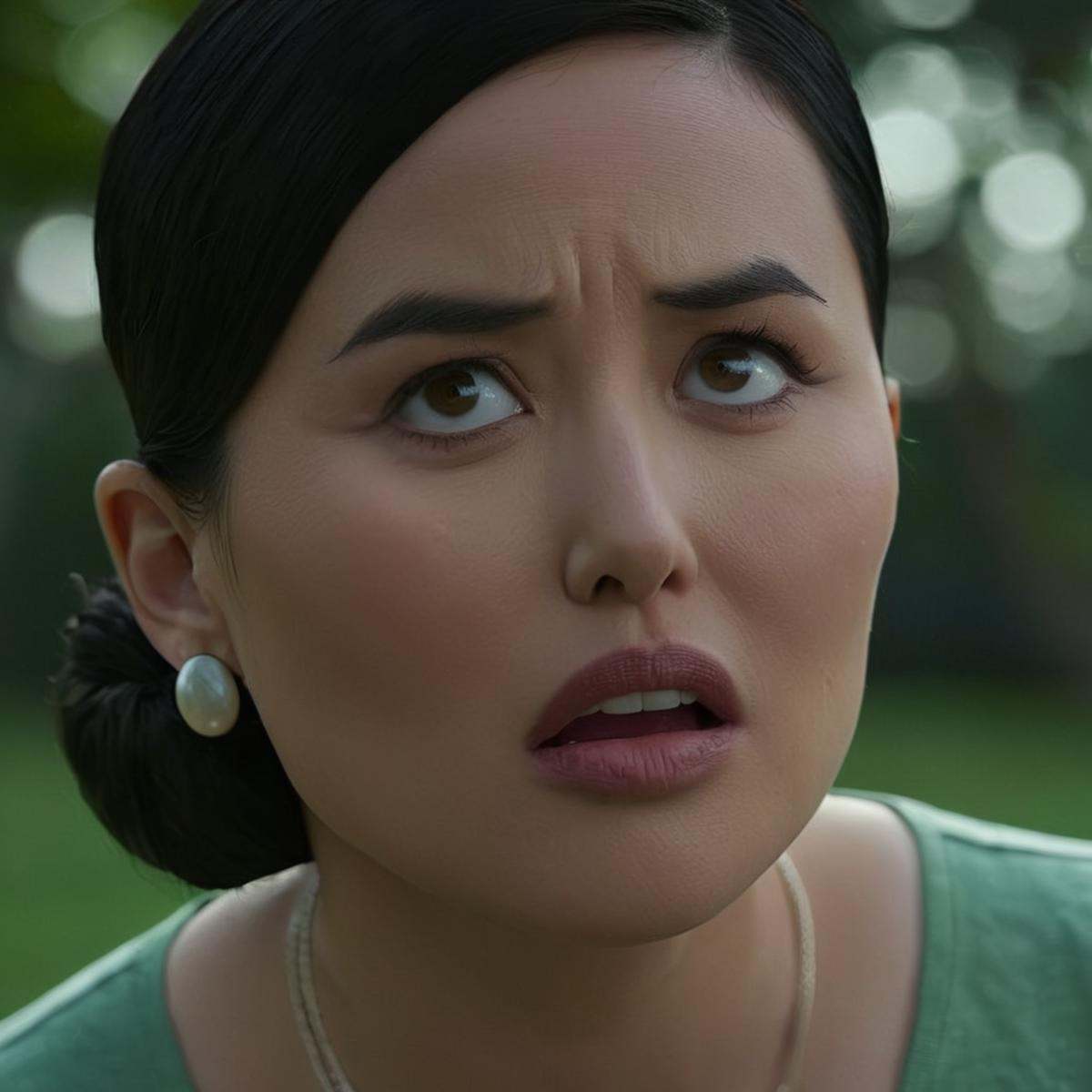 cinematic film still of detailed perfect Deborah Grayson a very angry asian woman in a green shirt is staring at something...