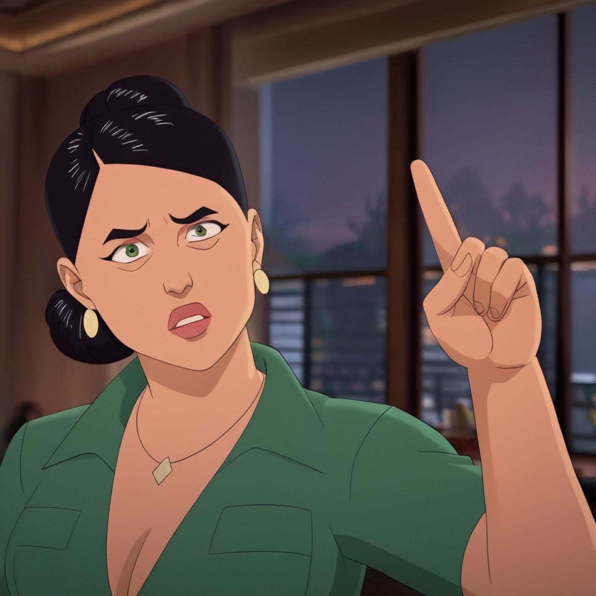 cinematic film still of detailed perfect Deborah Grayson a woman in a green shirt is making a face,  Asian,  mature on Ten...