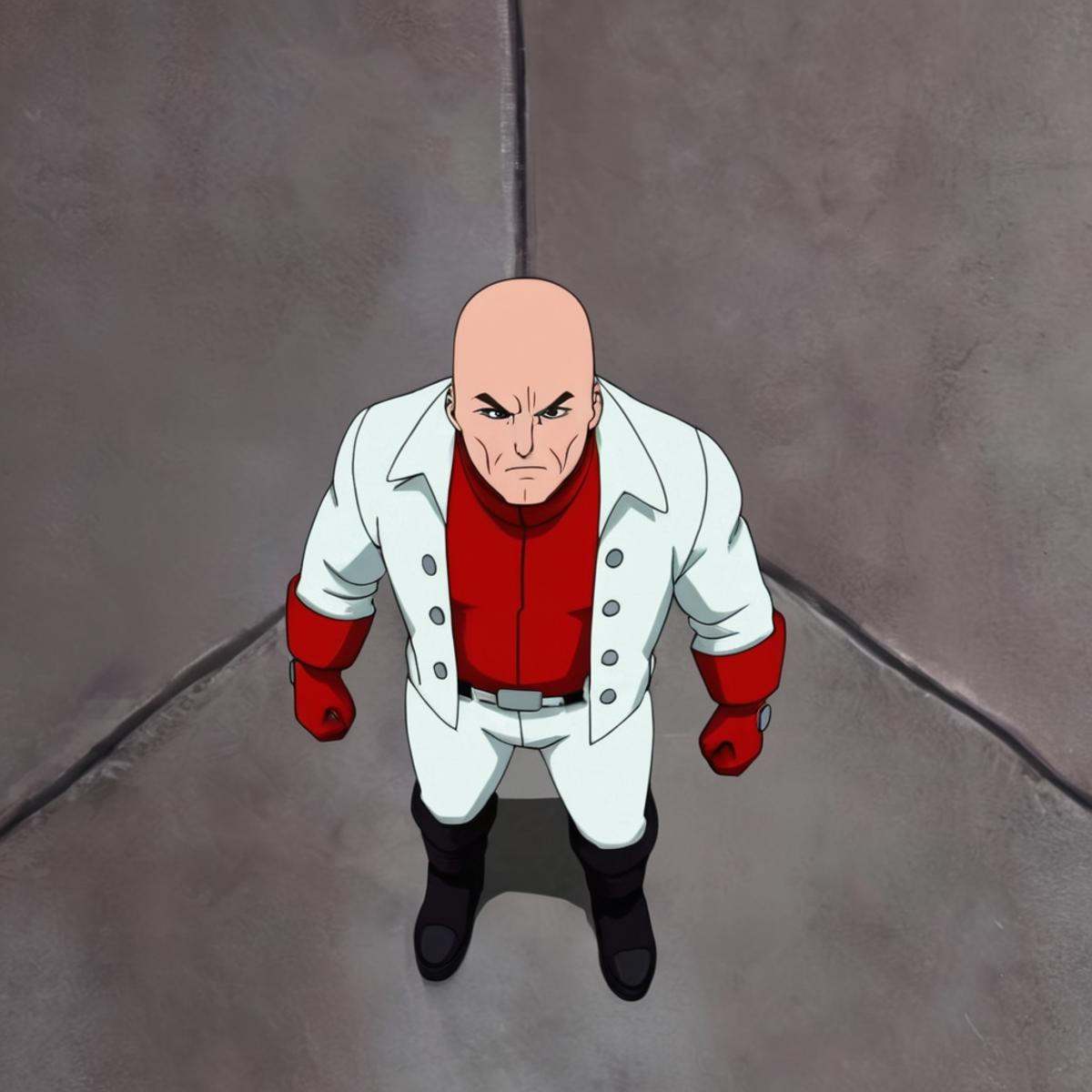 cinematic film still of detailed perfect From above,  Doc Seismic a man in a white coat and red shirt,  villain3 on Tensor...