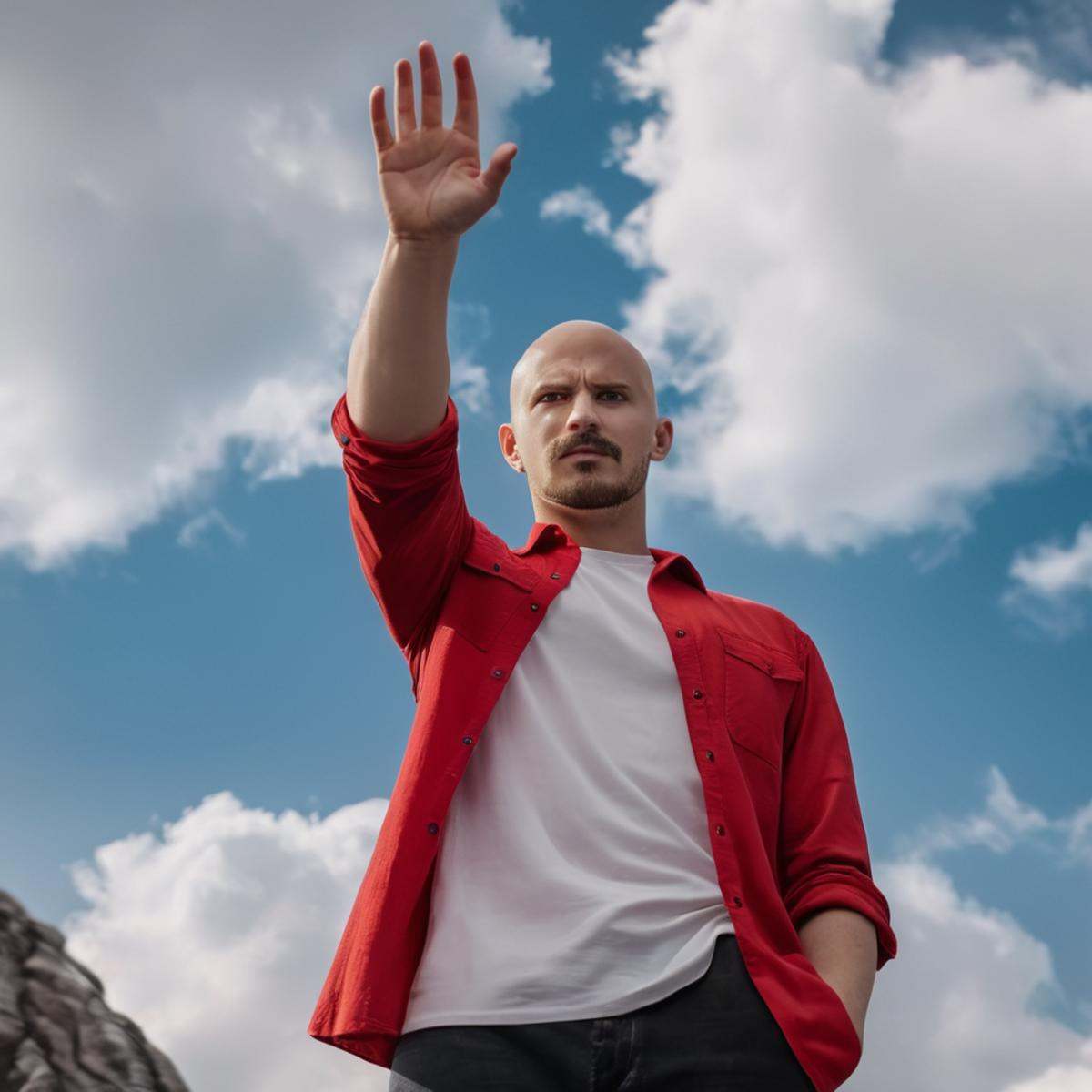 cinematic film still of detailed perfect Doc Seismic a man with a red shirt and white shirt holding up his hand at camera,...