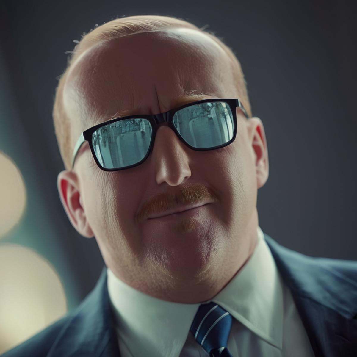 cinematic film still of detailed perfect Donald Ferguson a man with glasses and a tie is staring at the camera,  a person'...