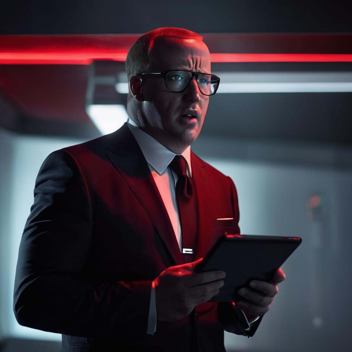 cinematic film still of detailed perfect Donald Ferguson a sweaty man in a suit and tie holding a tablet in a dark room wi...