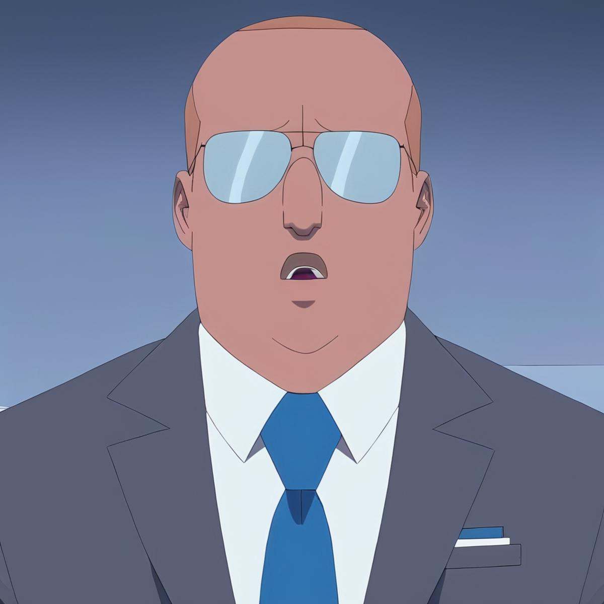 anime artwork of detailed perfect Donald Ferguson a man in a suit and tie wearing sunglasses,  assistant,  glasses on Tens...