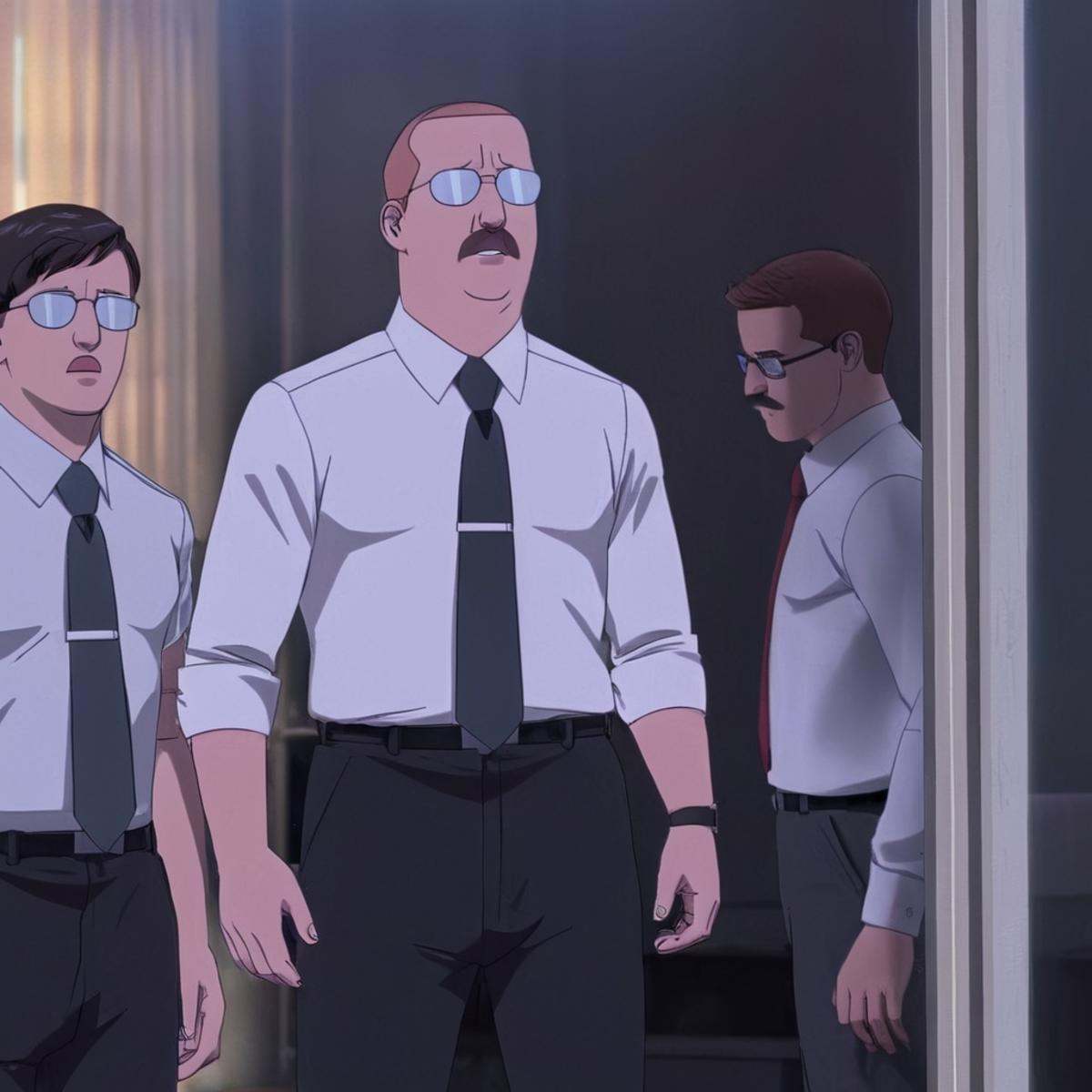 cinematic film still of detailed perfect Donald Ferguson a man in a suit and tie standing in a room,  assistant,  glasses...