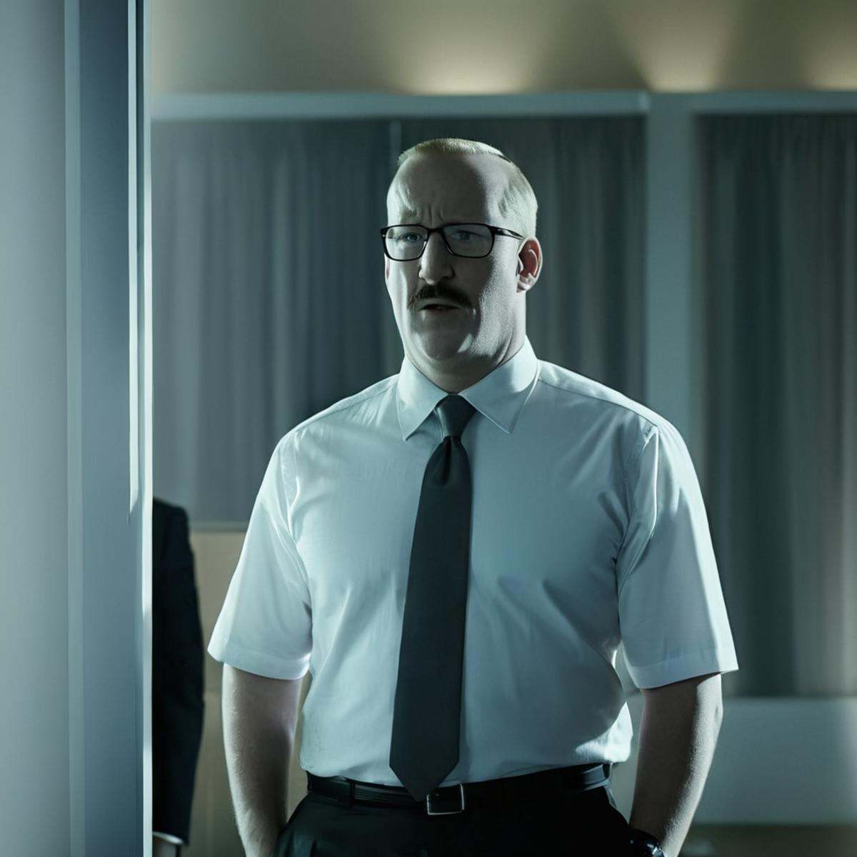 cinematic film still of detailed perfect Donald Ferguson a man in a suit and tie standing in a room,  assistant,  glasses...