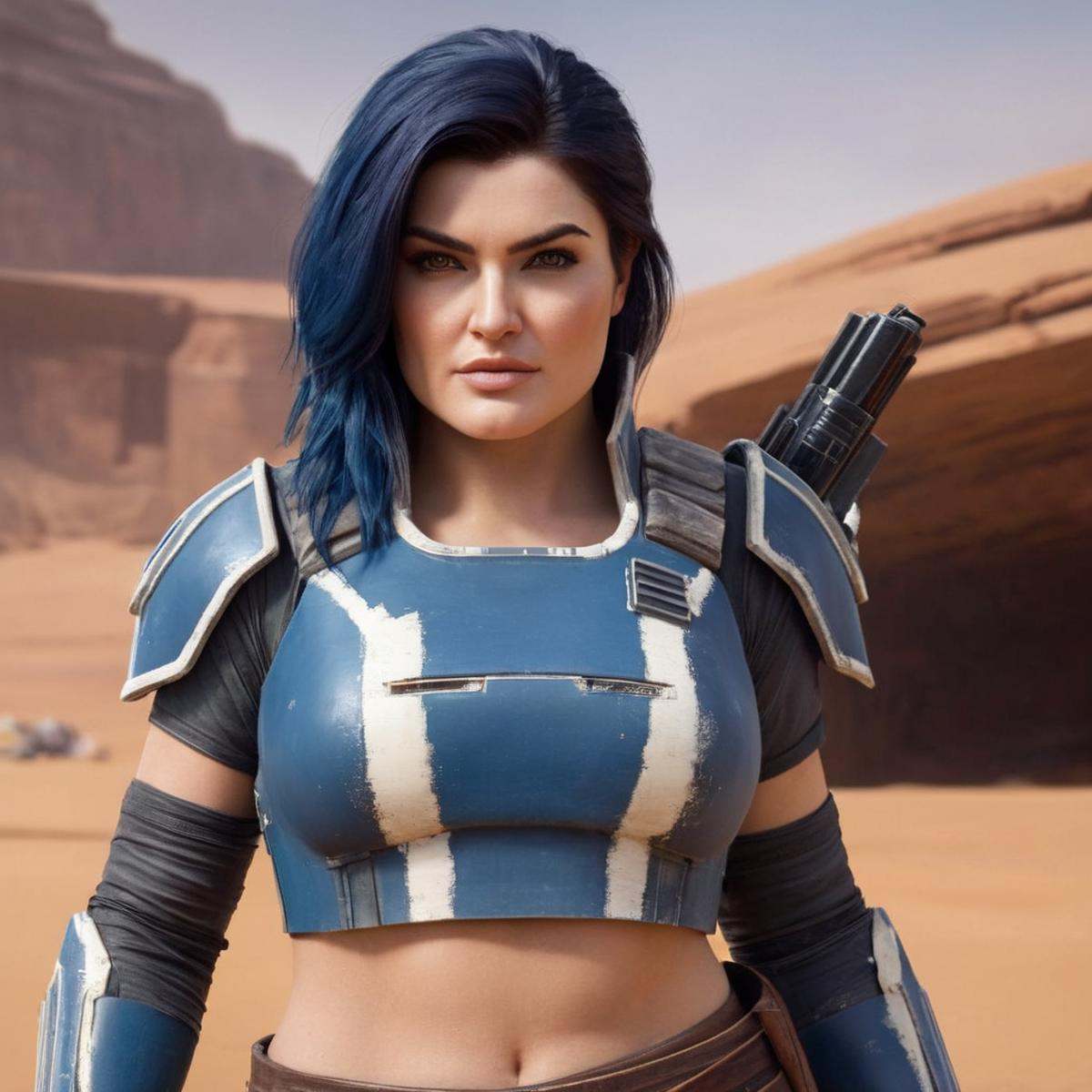 Hyperrealistic art of Cara Dune a shredded woman in a sexy outfit posing for a picture in star wars universe,  Extremely h...