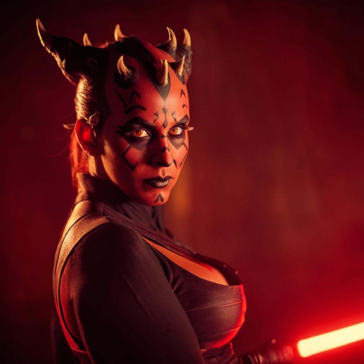 cinematic film still of Darth Maul a sexy woman with big breasts dressed in a costume with horns and a red light in star w...