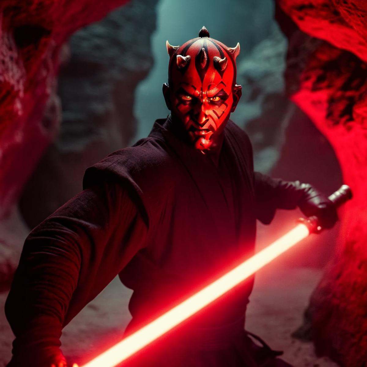 cinematic film still of Darth Maul with a red light saber in a cave in star wars universe,  shallow depth of field,  vigne...