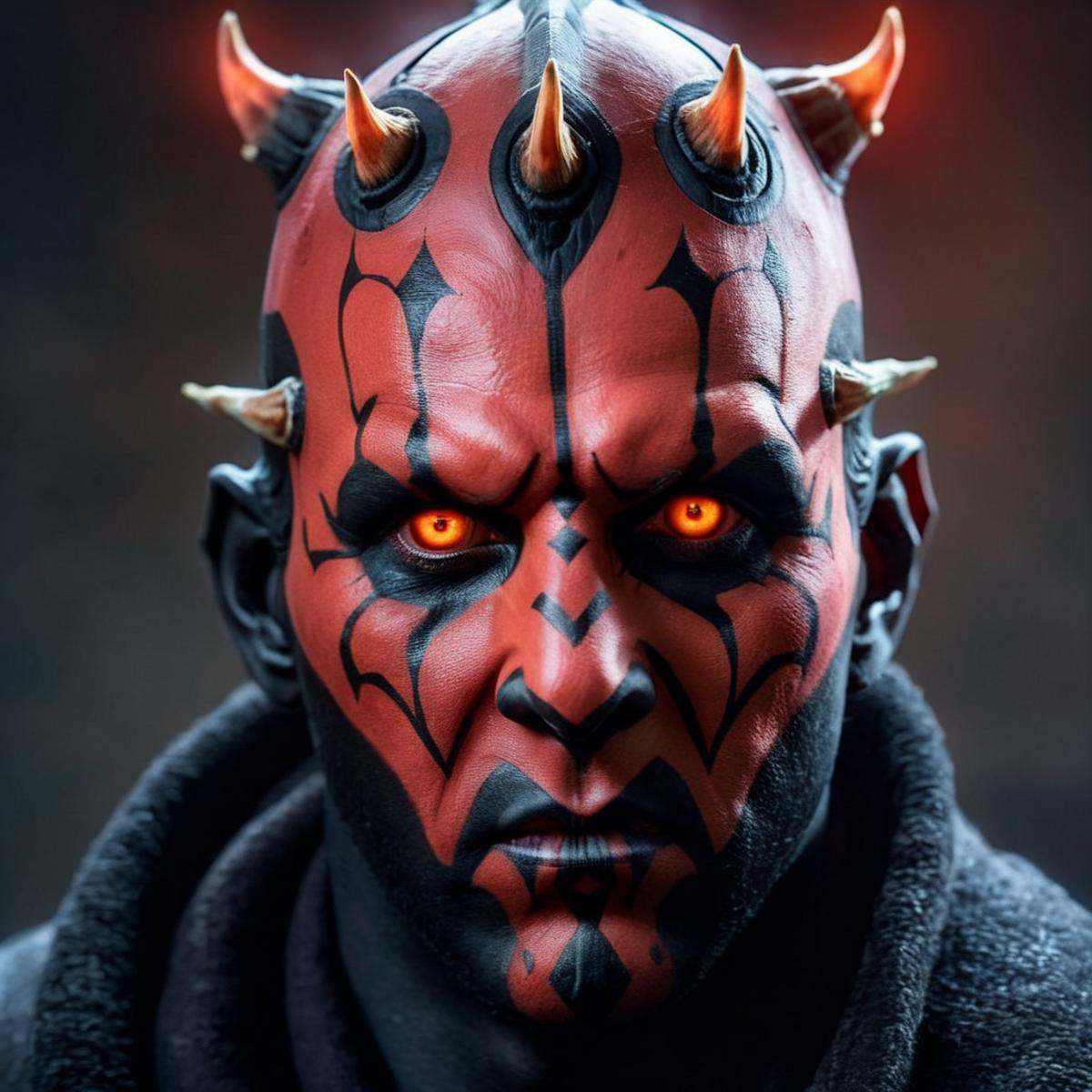 Hyperrealistic art of Darth Maul man with horns on his head and a red face in star wars universe,  Extremely high-resoluti...
