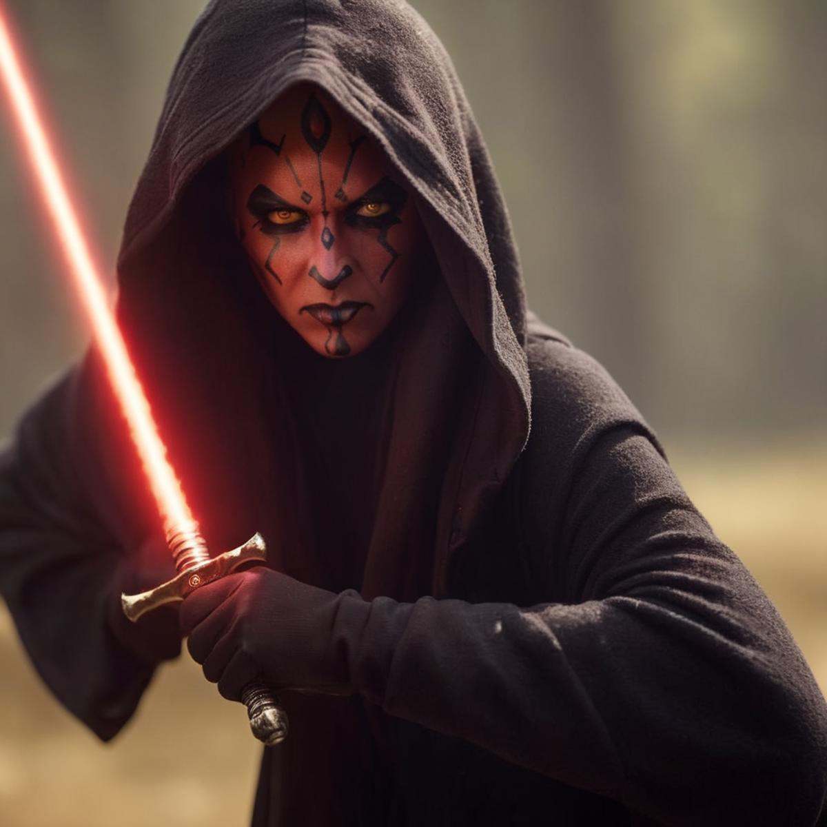cinematic film still of Darth Maul a woman with a sword and a hoodie black costume on in star wars universe,  shallow dept...