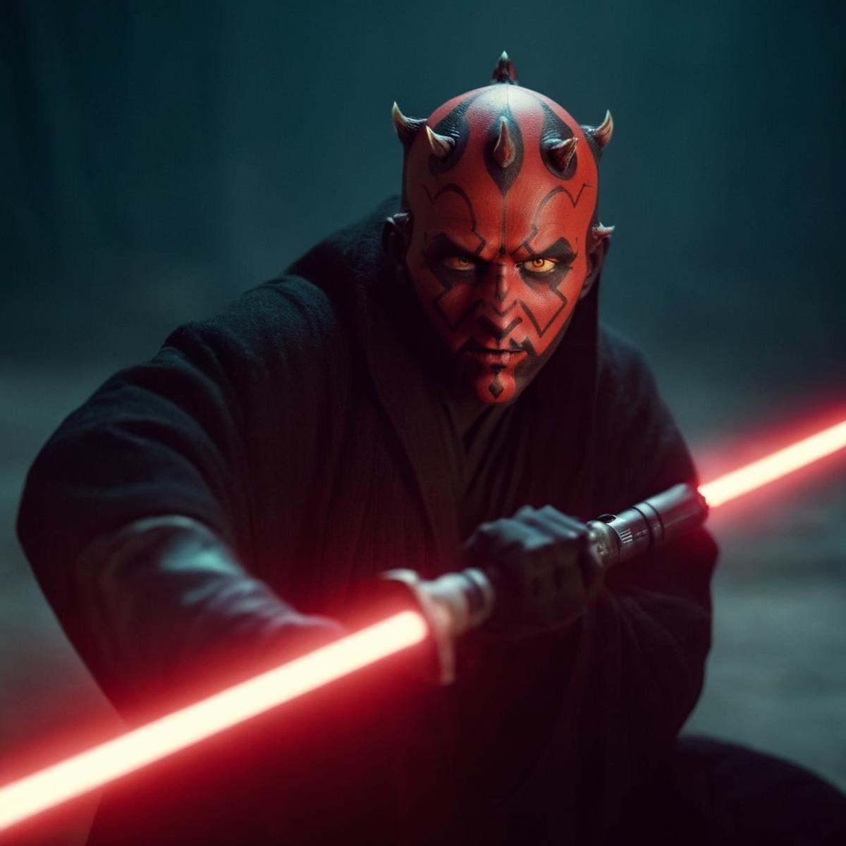 cinematic film still of Darth Maul a man with half body and a red face holding a light saber in star wars universe,  shall...
