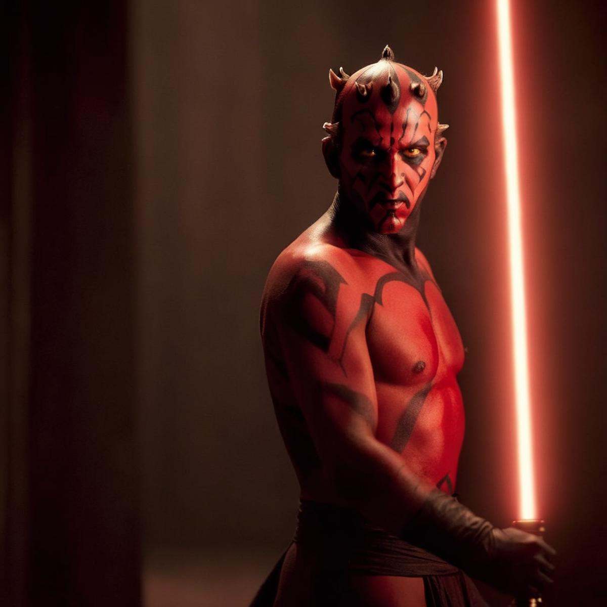 cinematic film still of Darth Maul a naked man with a double balded lightsaber sword in a dark room in star wars universe,...