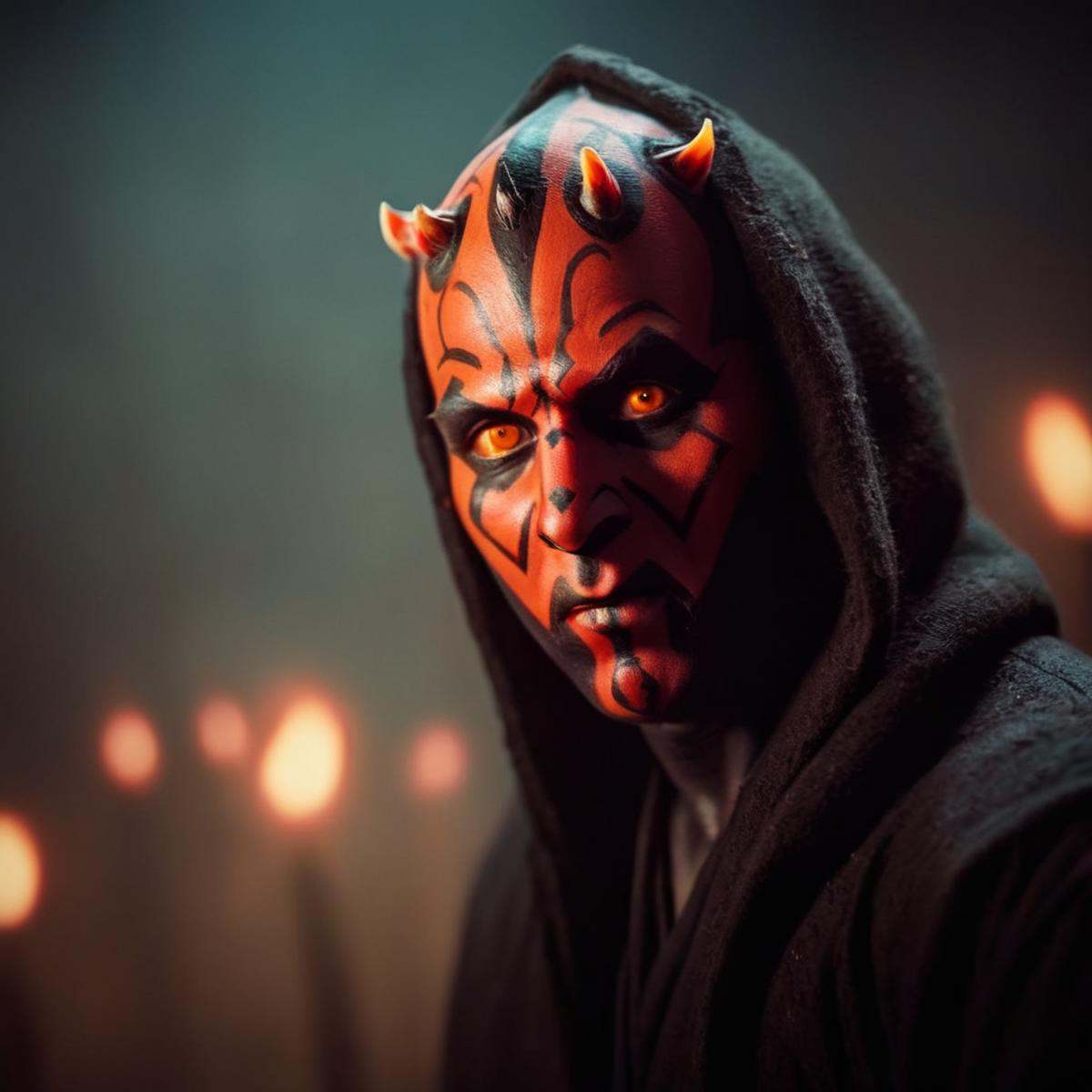 cinematic film still of Darth Maul a painting of a man with a hood on in star wars universe,  shallow depth of field,  vig...