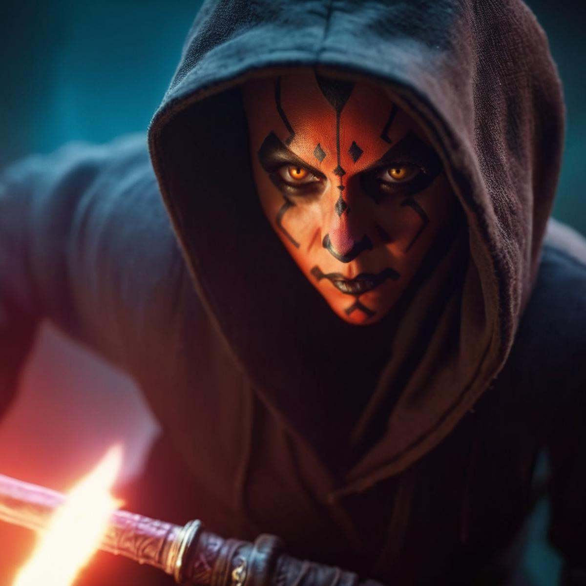 cinematic film still of Darth Maul a woman with a sword and a hoodie black costume on in star wars universe,  shallow dept...