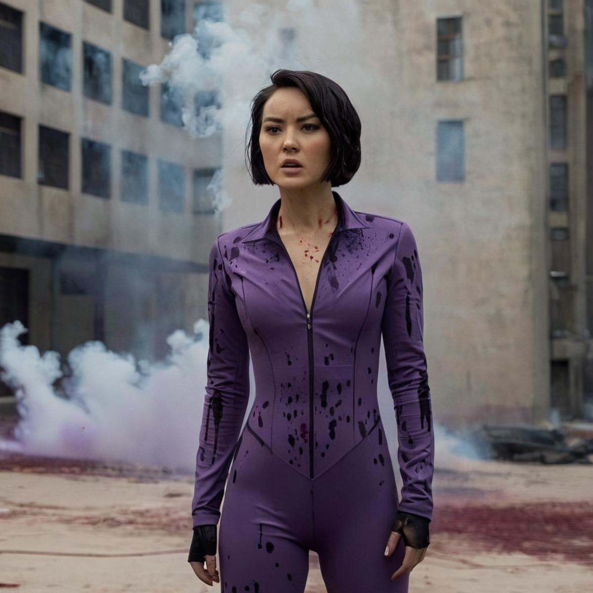 cinematic film still of detailed perfect Dupli-Kate a woman in a purple suit standing in front of a building,  Kate Cha,...