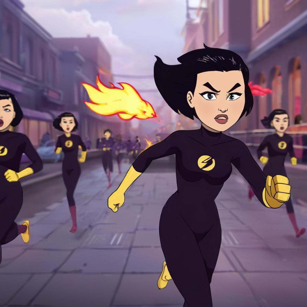 cinematic film still of detailed perfect Dupli-Kate a duplicated cartoon character is running with a light bolt hitting he...