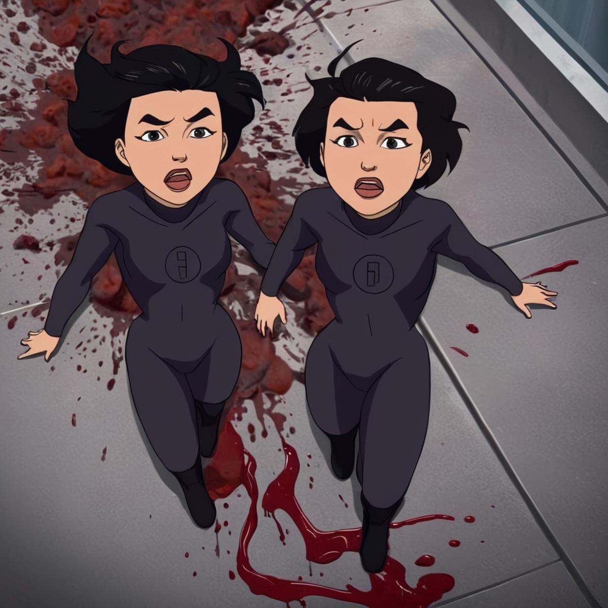 cinematic film still of detailed perfect From above,  Dupli-Kate a cartoon of exploding two people in a building with bloo...