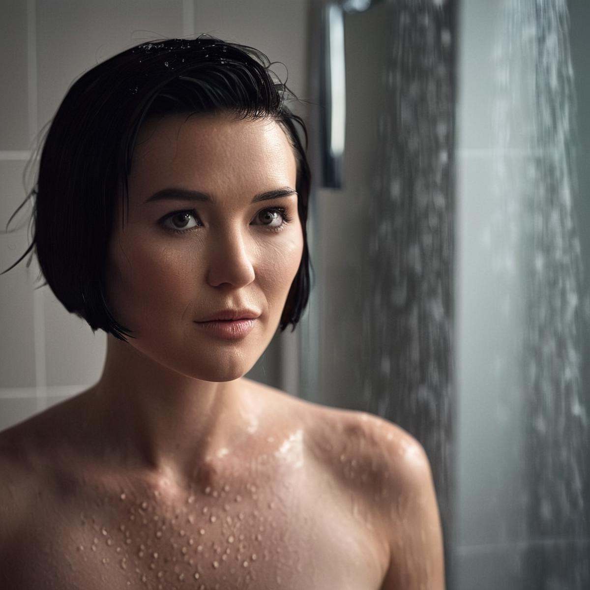 cinematic film still of detailed perfect Dupli-Kate a woman in a towel standing in front of a shower with steam in backgro...