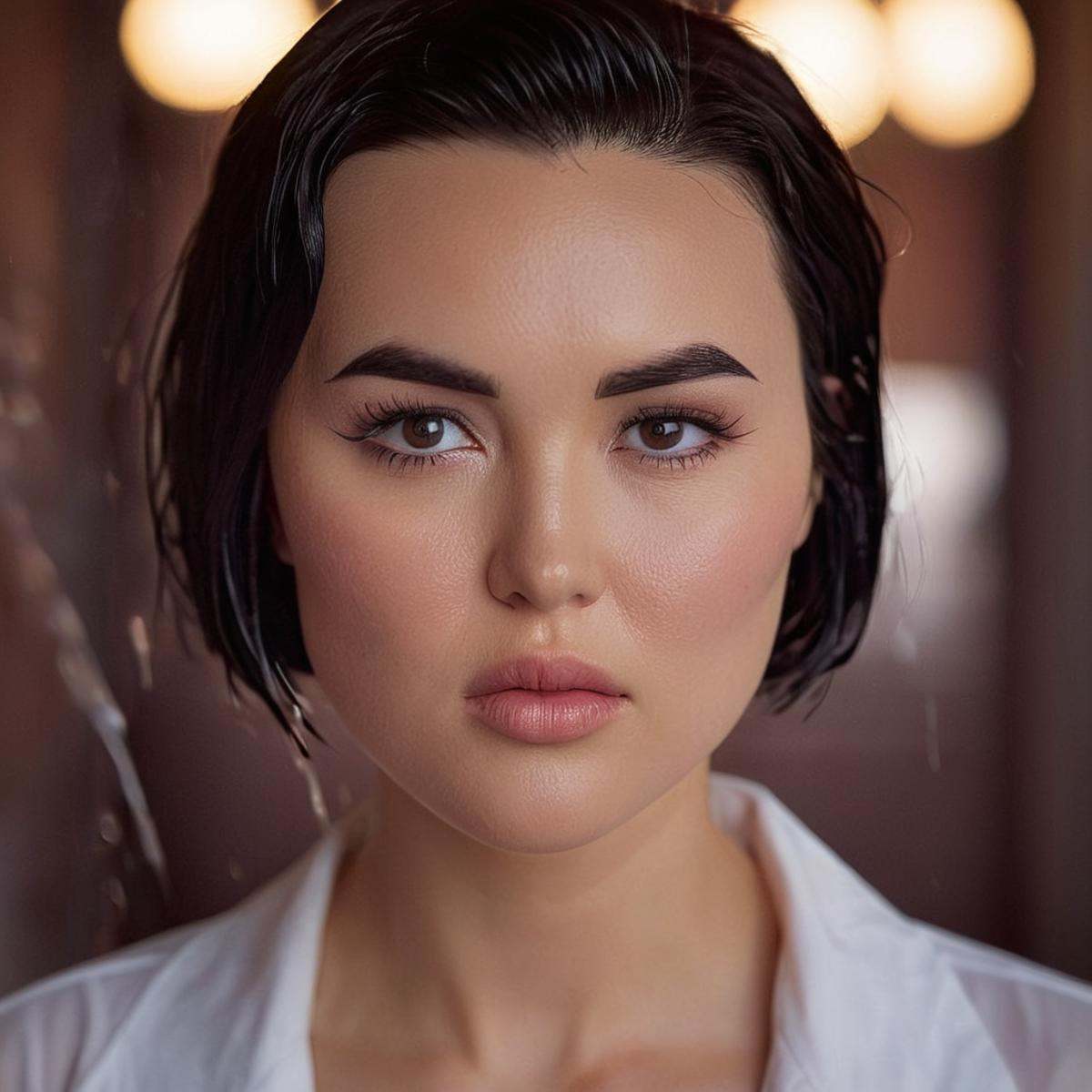 cinematic film still of detailed perfect Dupli-Kate a wet woman with a black hair and a white shirt,  Kate Cha,  Chinese o...