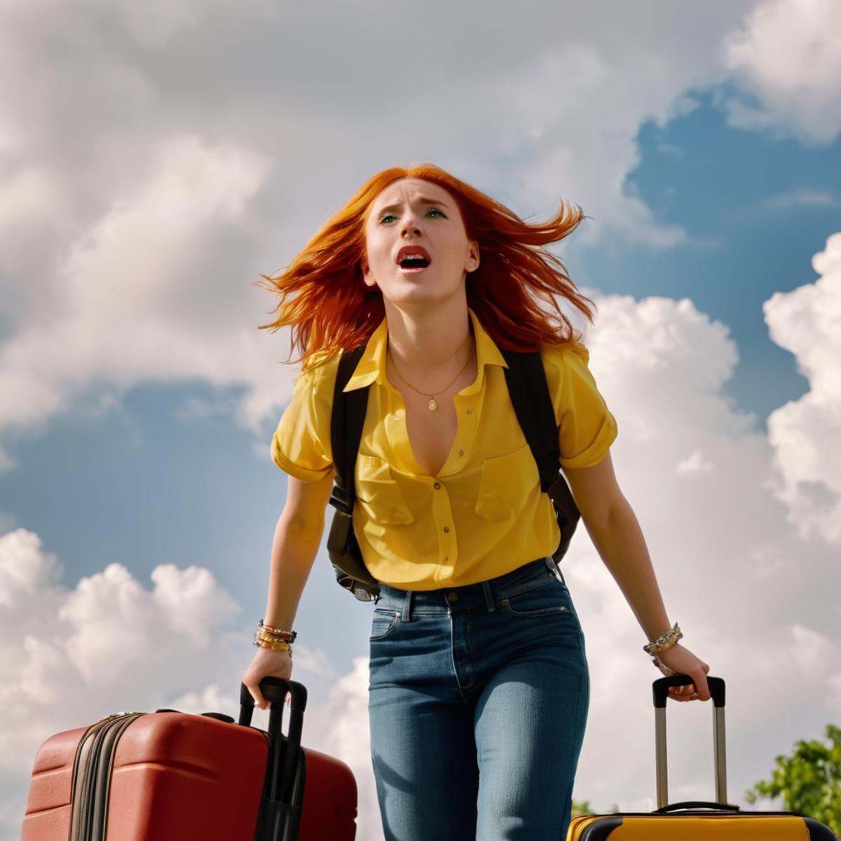 cinematic film still of detailed perfect Eve Wilkins a woman with red hair and a yellow shirt is carrying two suitcases,...