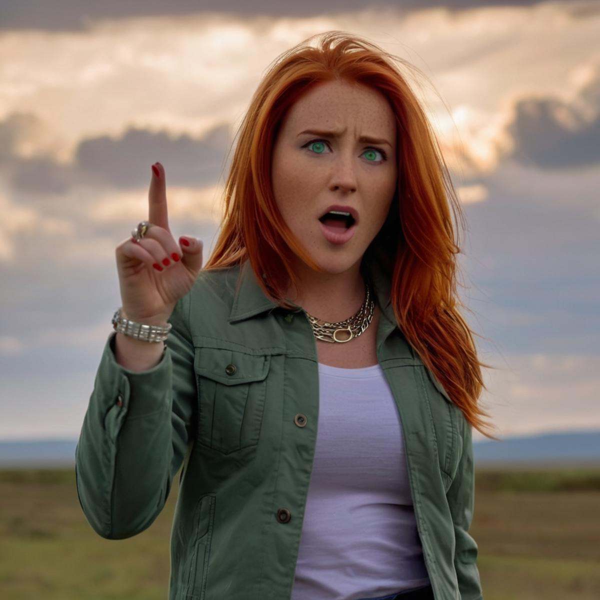 cinematic film still of detailed perfect Eve Wilkins a woman with red hair and a gray jacket,  redhair,  greeneyes on Tens...