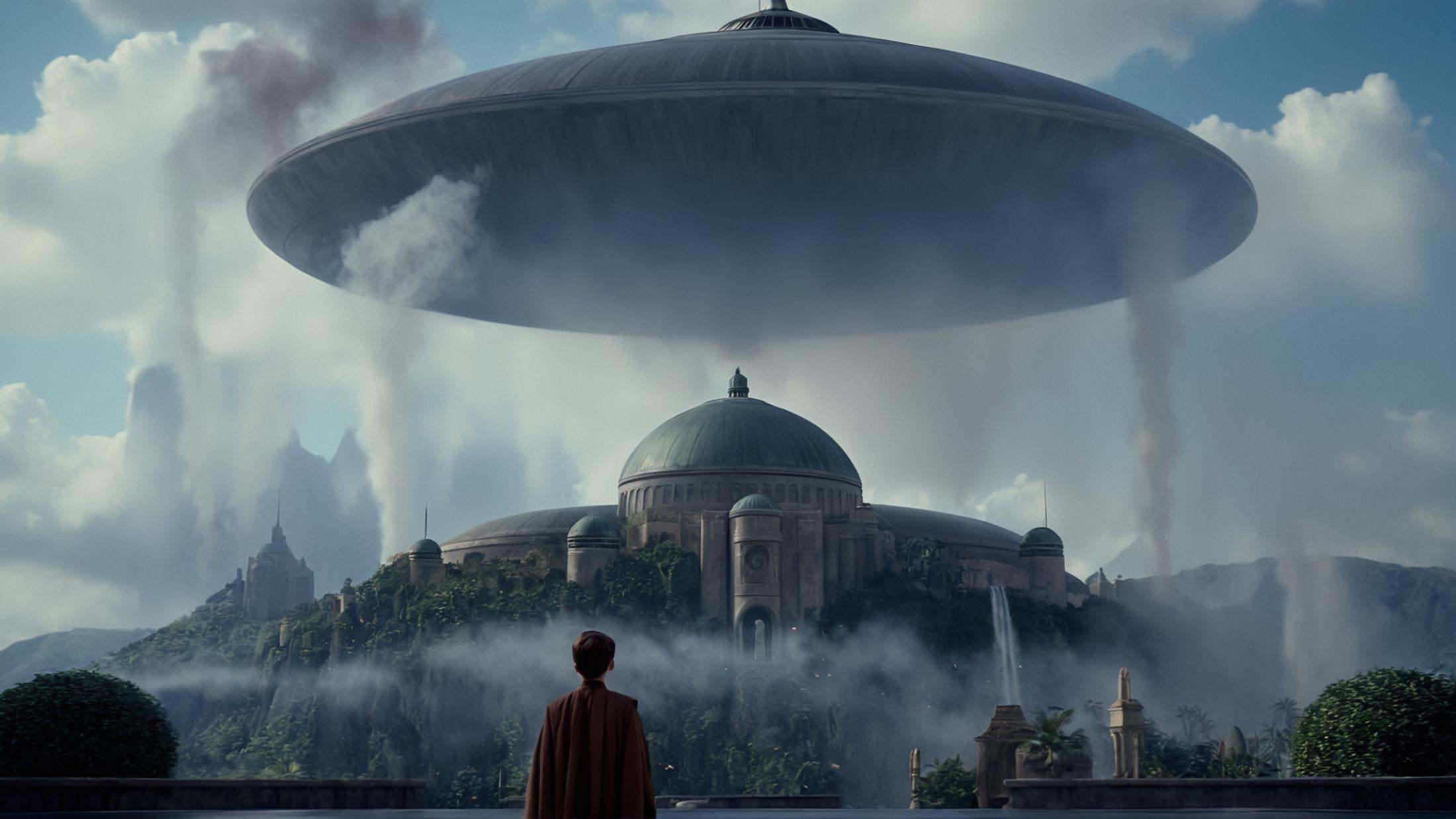 cinematic film still of detailed perfect Naboo a large building with a dome on top of it,  in star wars style,  1boy on Te...