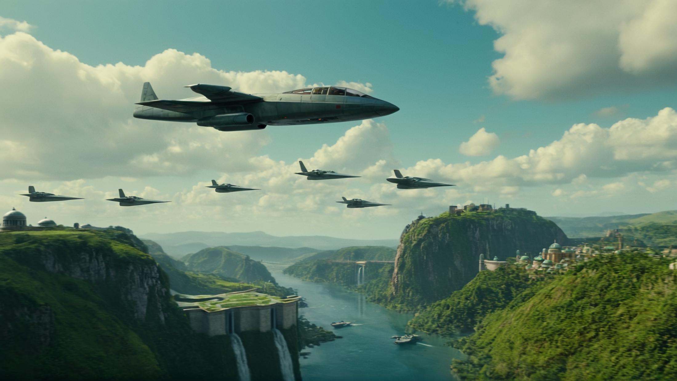 cinematic film still of detailed perfect Naboo a group of planes flying over a lush green hillside,  in star wars style,...