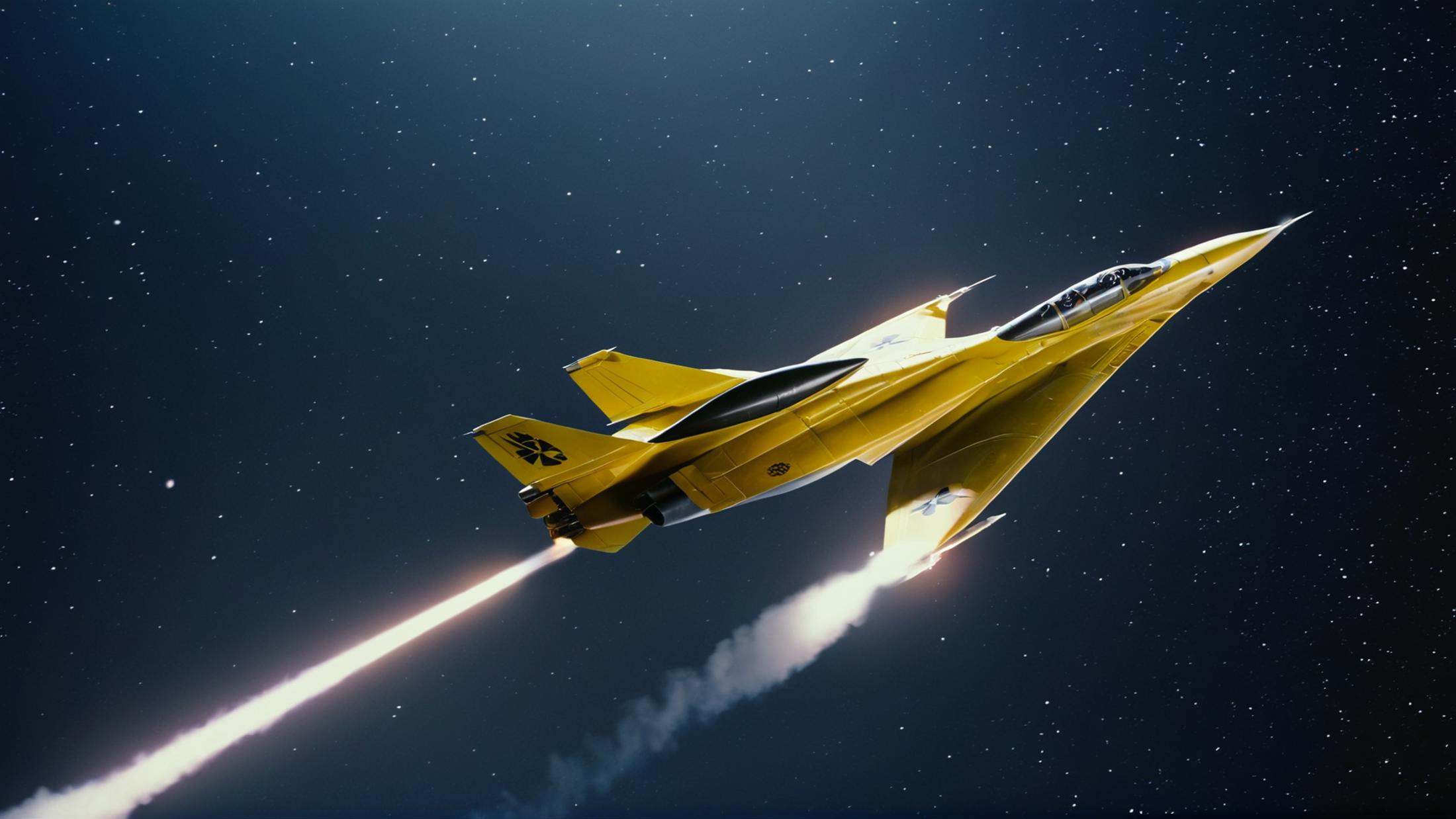 cinematic film still of detailed perfect Naboo a yellow fighter jet flying through the night sky,  in star wars style,  mi...