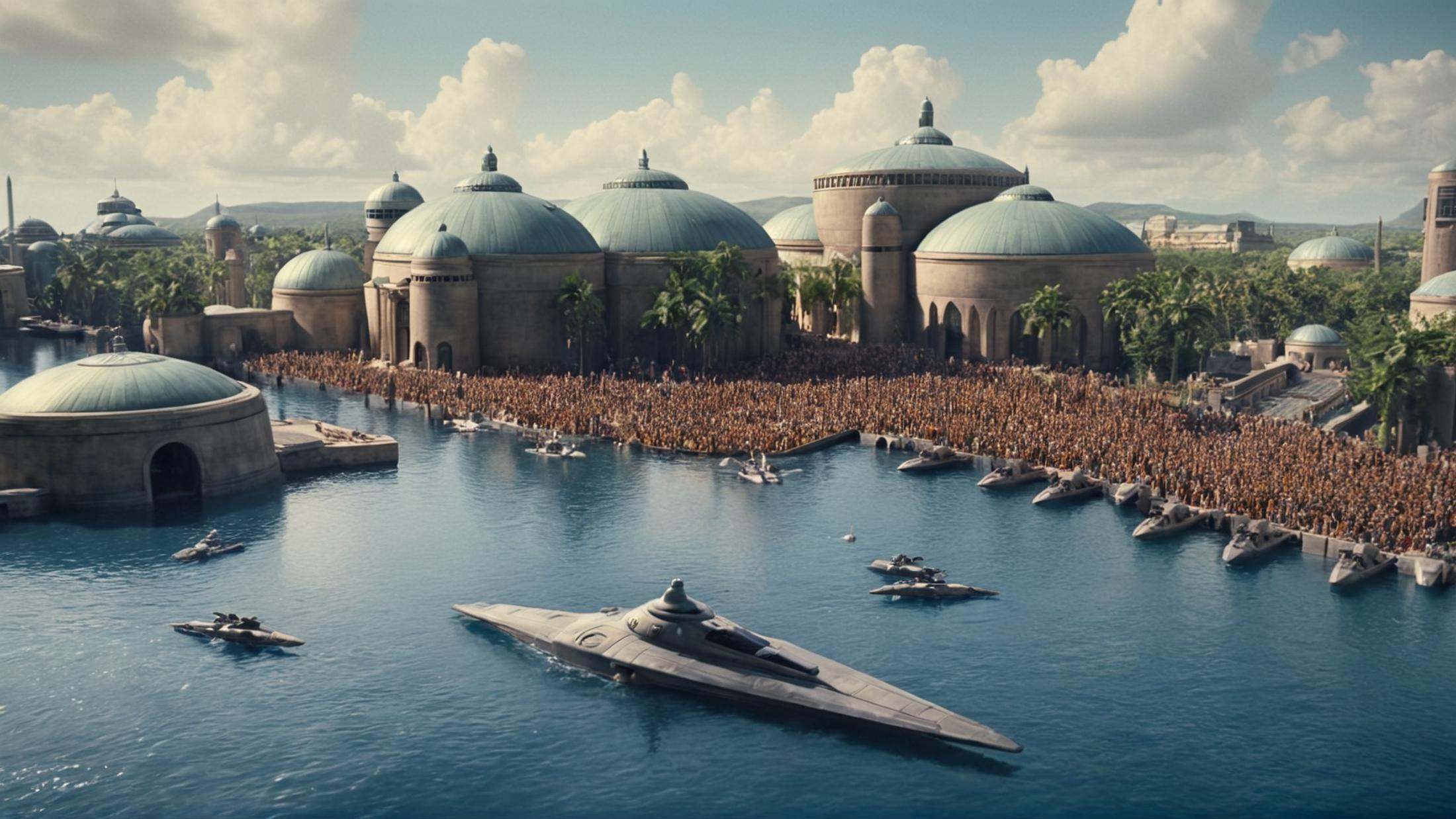 cinematic film still of detailed perfect Naboo a large crowd of people gathered around a building,  in star wars style,  o...