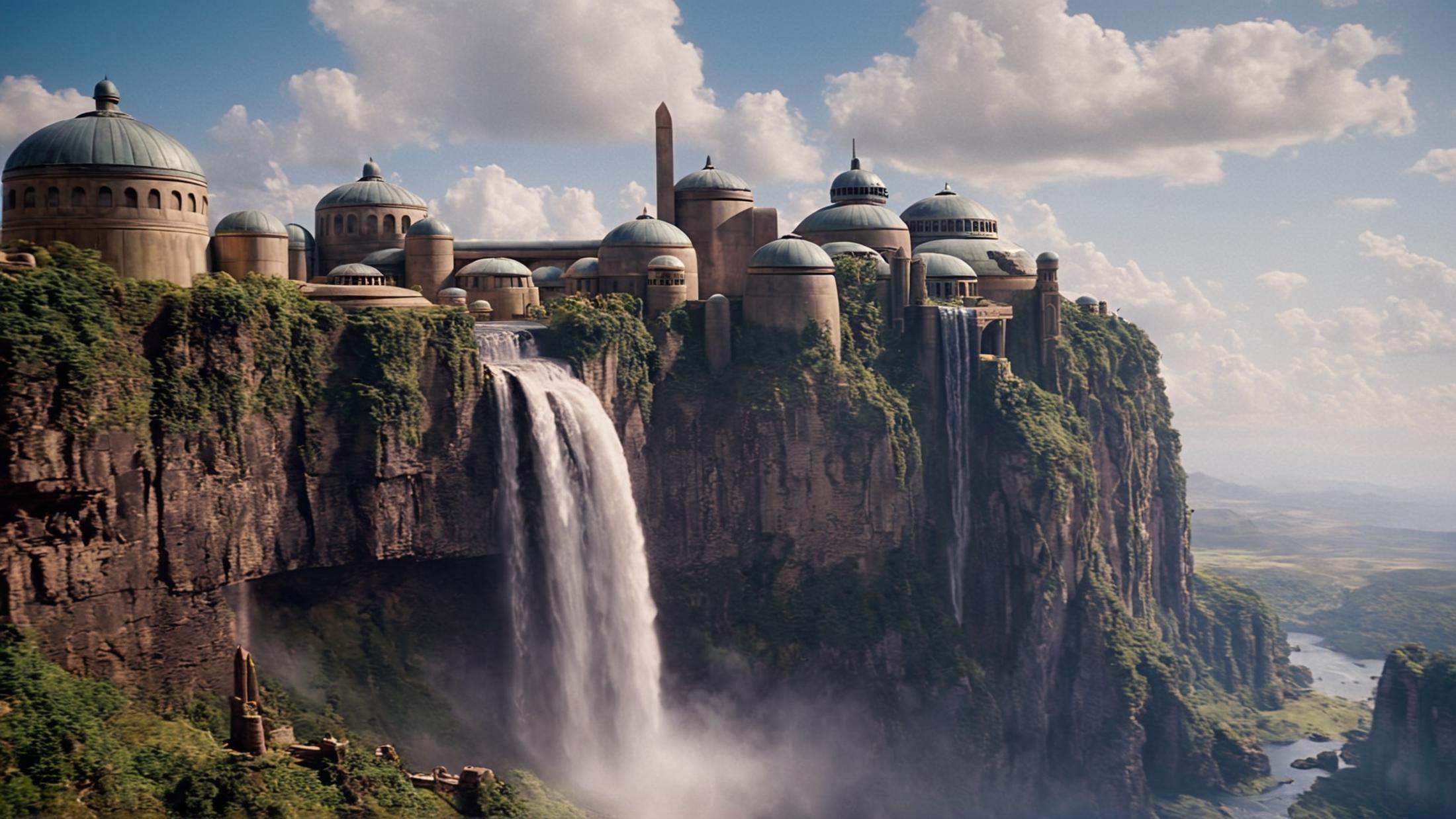 cinematic film still of detailed perfect Naboo a large building on a cliff with a waterfall,  in star wars style,  outdoor...