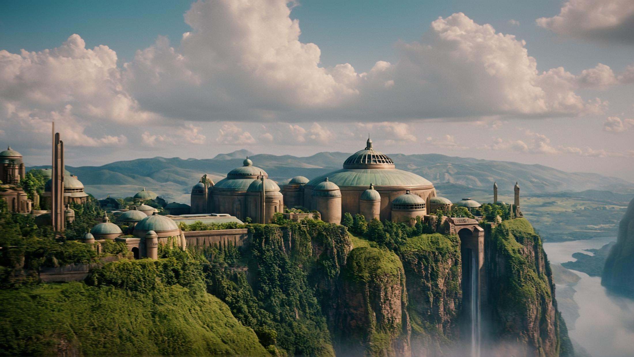cinematic film still of detailed perfect Naboo a large building sitting on top of a lush green hillside,  in star wars sty...