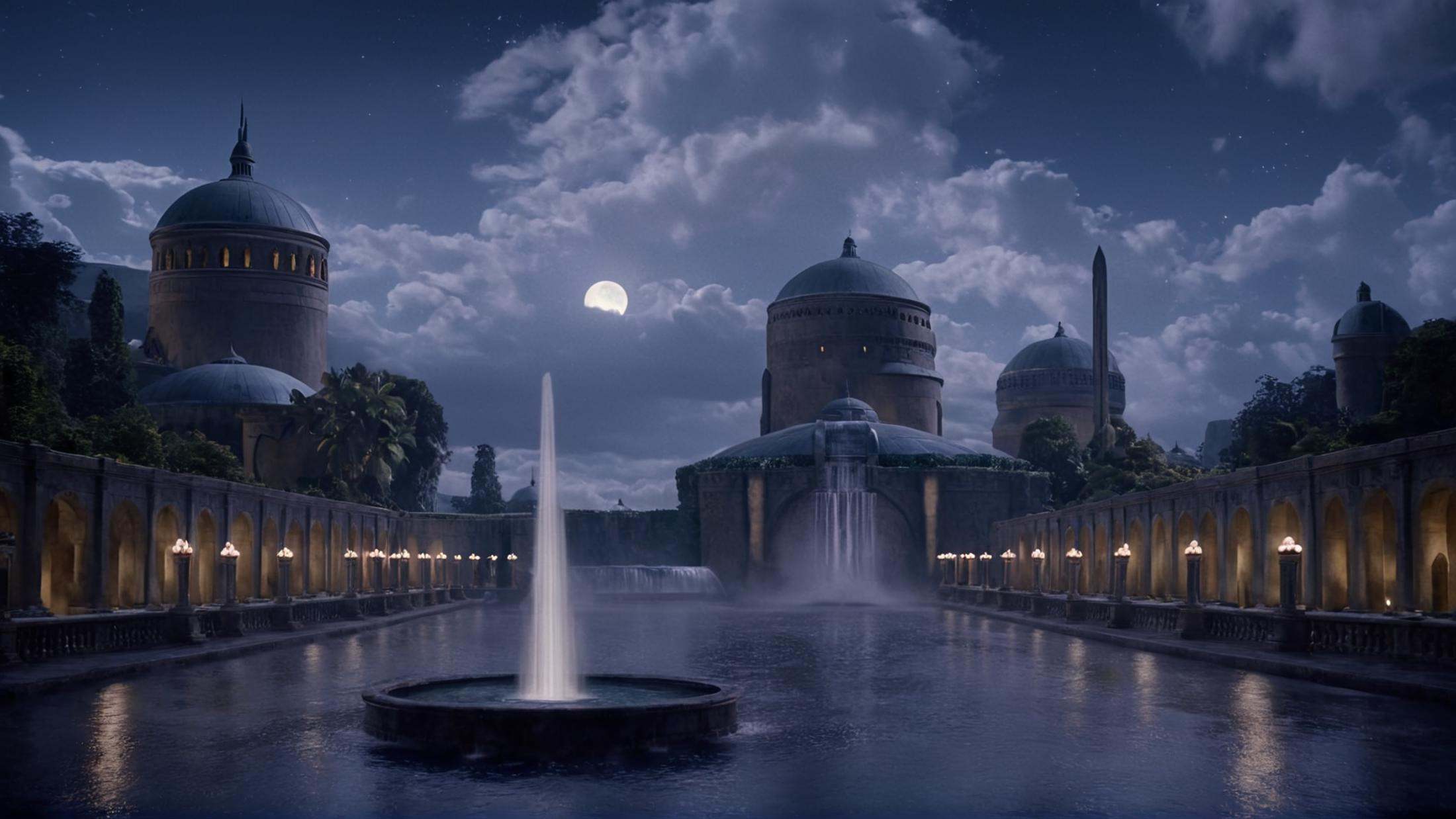 cinematic film still of detailed perfect Naboo a castle with a fountain in front of it,  in star wars style,  outdoors on...