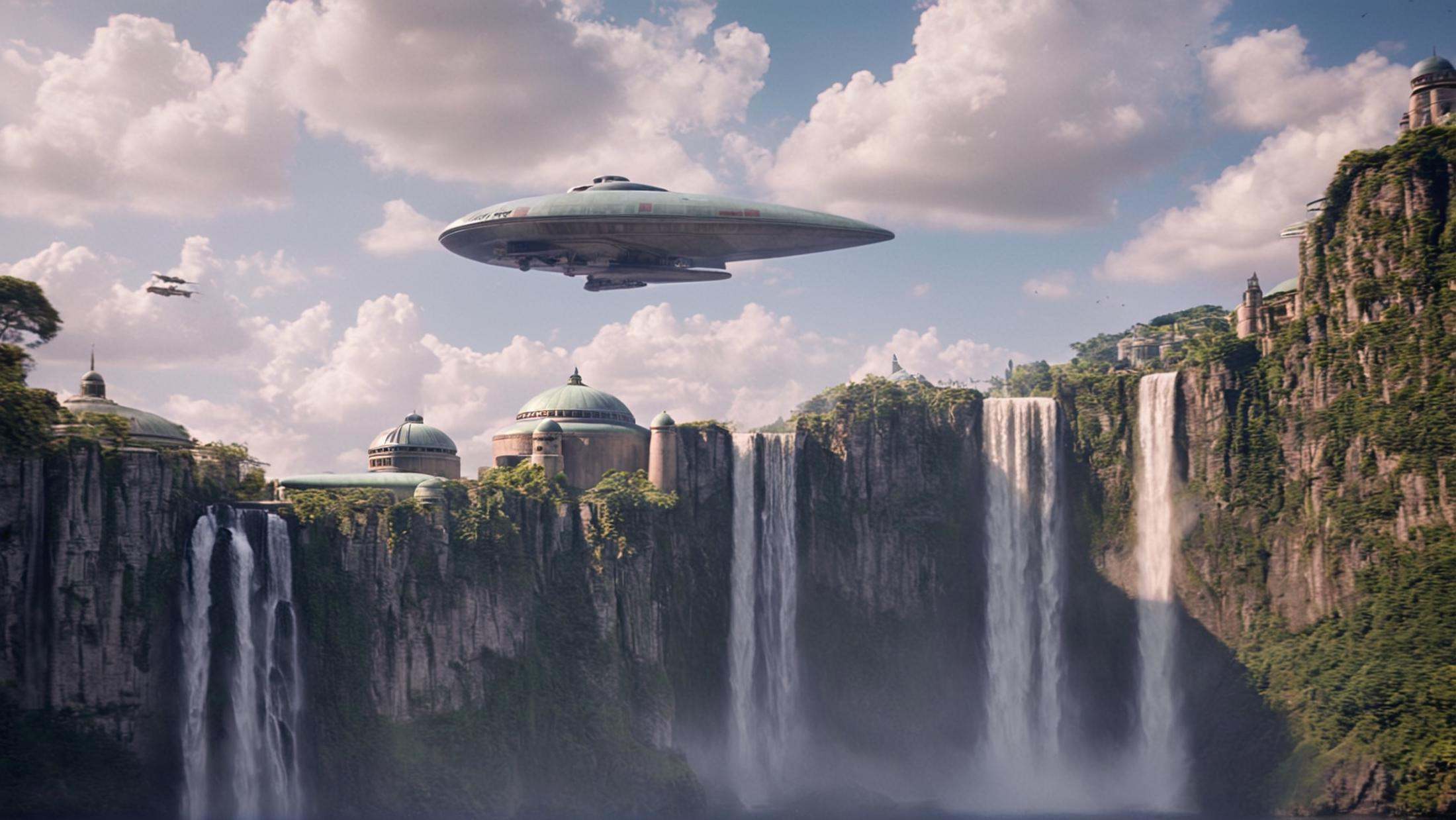 cinematic film still of detailed perfect Naboo a large building with a waterfall in front of it,  in star wars style,  out...