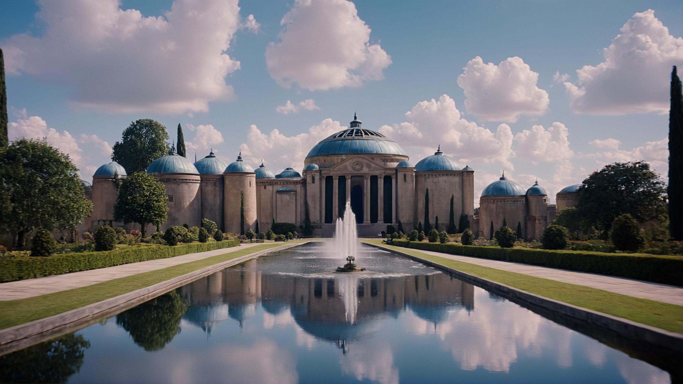 cinematic film still of detailed perfect Naboo a large building with a fountain in front of it,  in star wars style,  outd...
