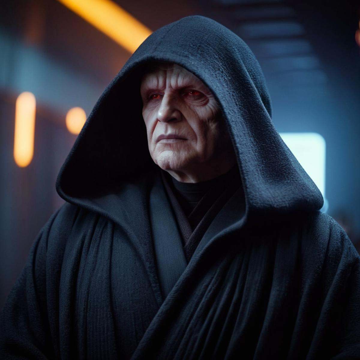 cinematic film still of Darth Sidious a person in a black robe and hoodie in star wars universe,  shallow depth of field,...