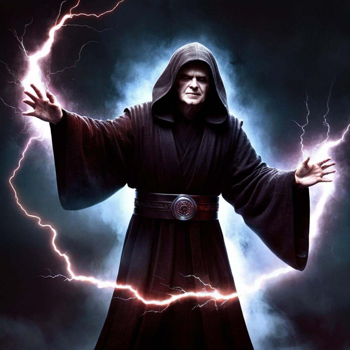 Dark Fantasy Art of Darth Sidious a man in a robe shoot Force lightning from his hands in star wars universe,  dark,  mood...
