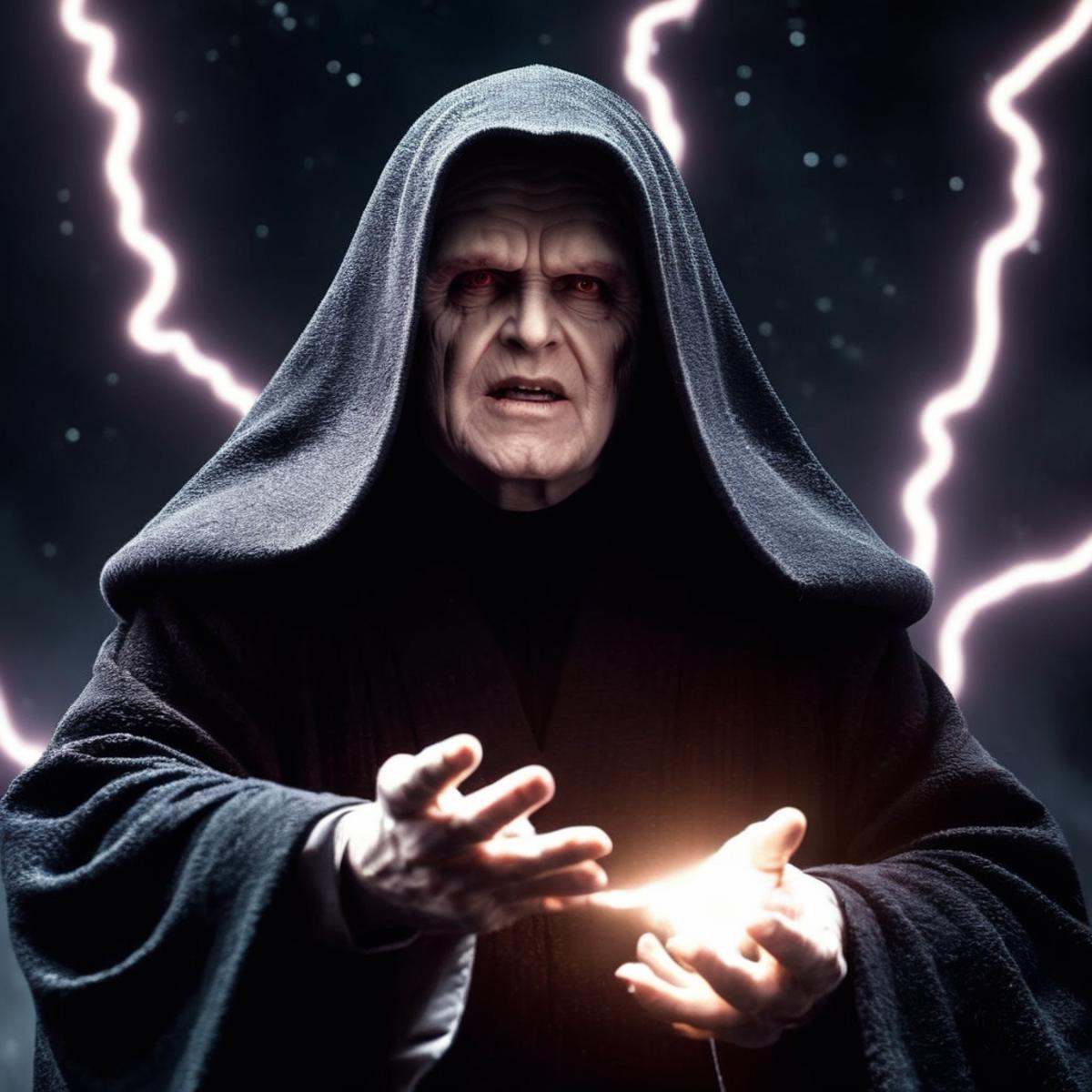 cinematic film still of Darth Sidious a man in a robe shoot Force lightning from his hands in star wars universe,  shallow...
